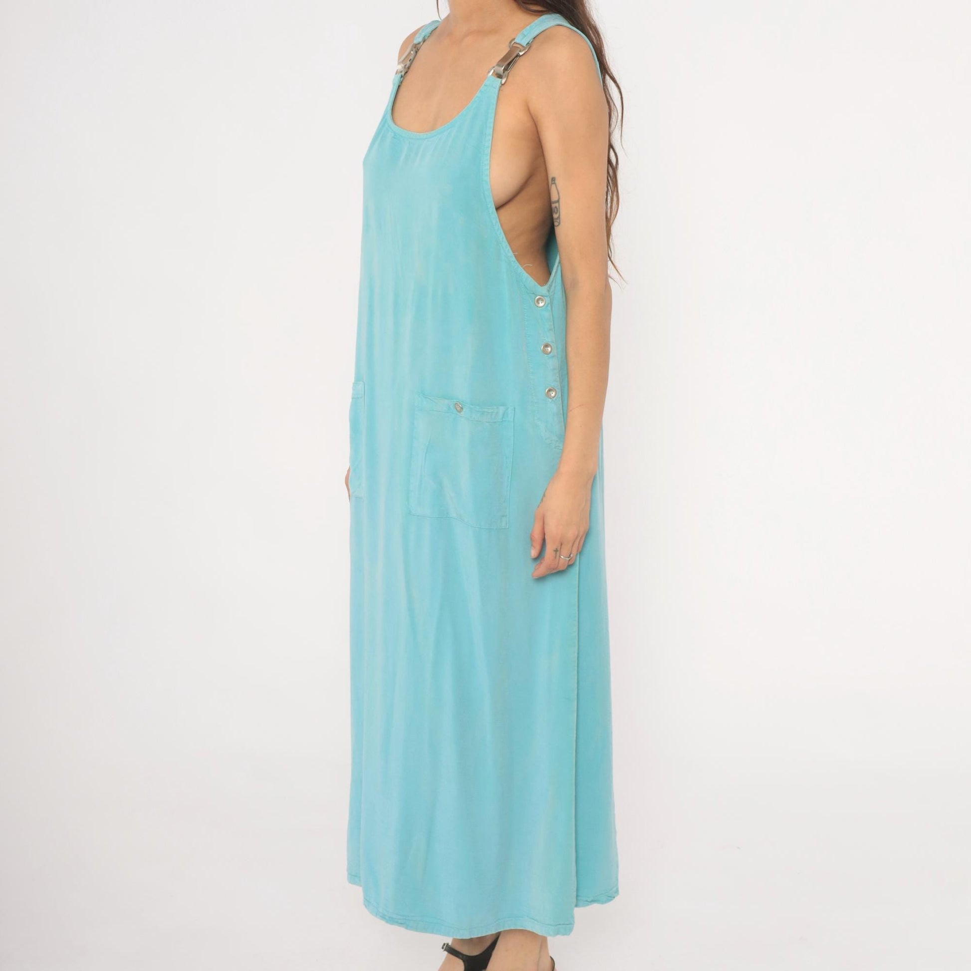 90s Froxx Sky Blue Maxi Overall Dress Sleeveless Pinafore Large L