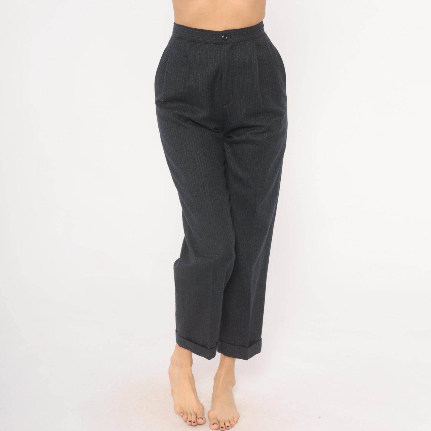 80s Preferred Stock Pinstripe Pleated Trousers Navy Wool Blend High Waist Extra Small XS