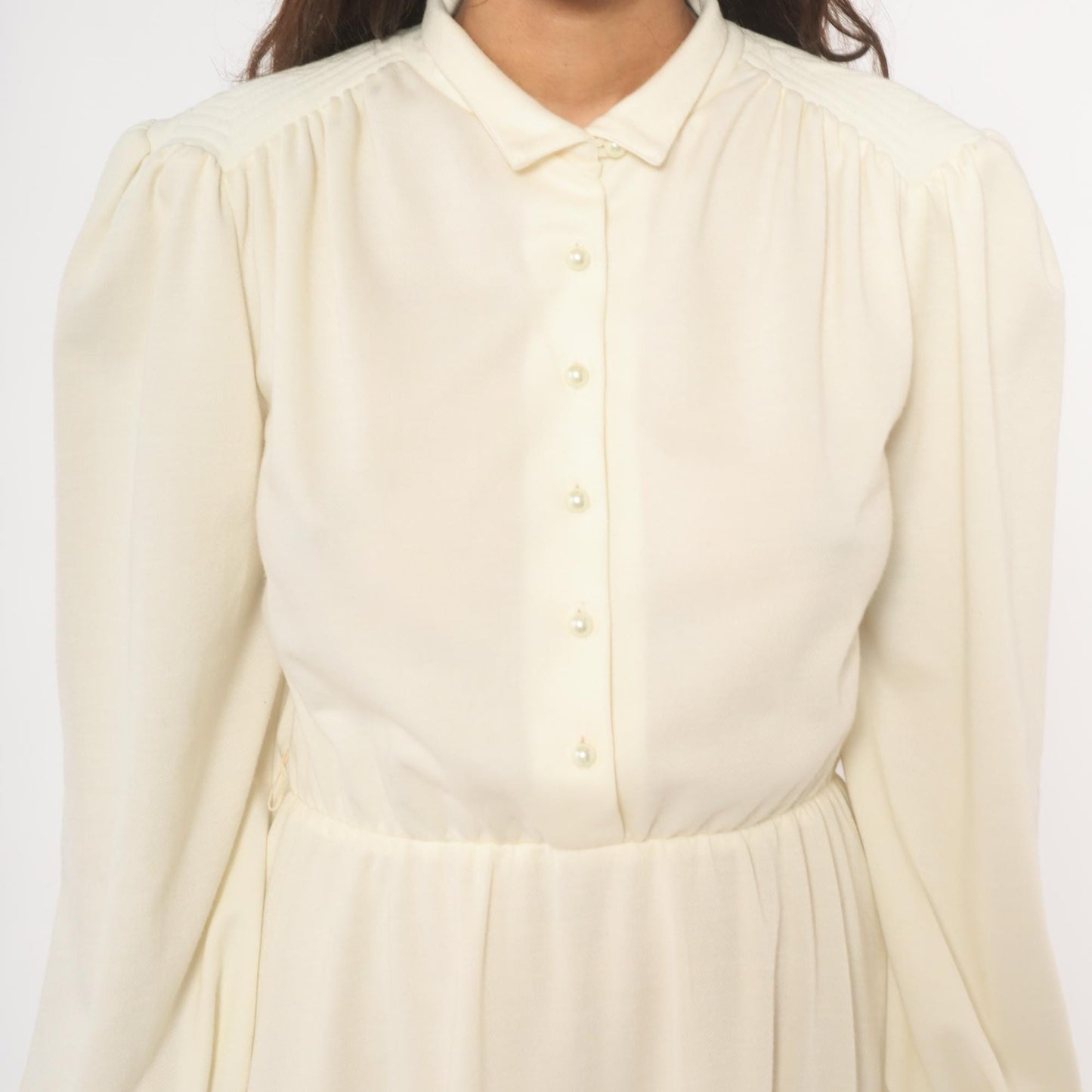 80s Sunshine Starshine Cream Puff Sleeve Midi Dress Pearl Buttons Wool Large L