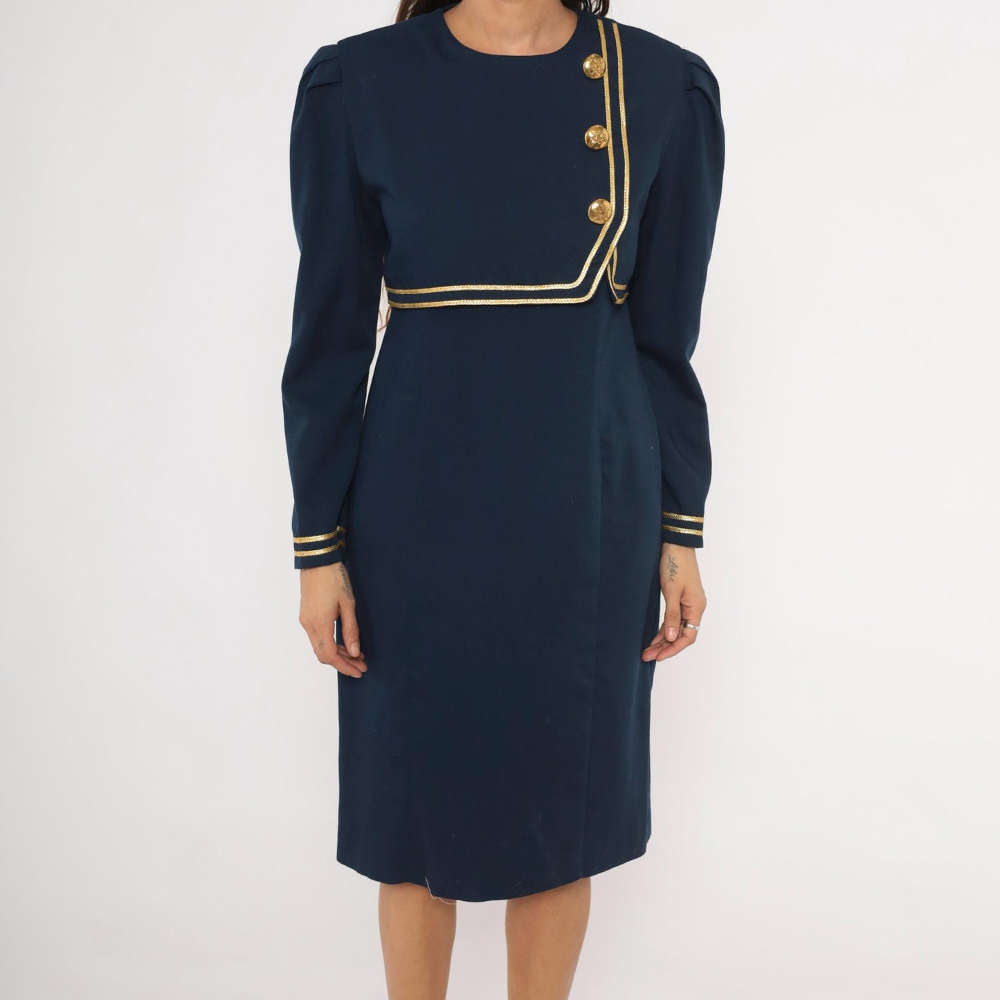 80s Jessica Howard Navy Dress Gold Braid Military Knee-Length Puff Sleeve Medium M