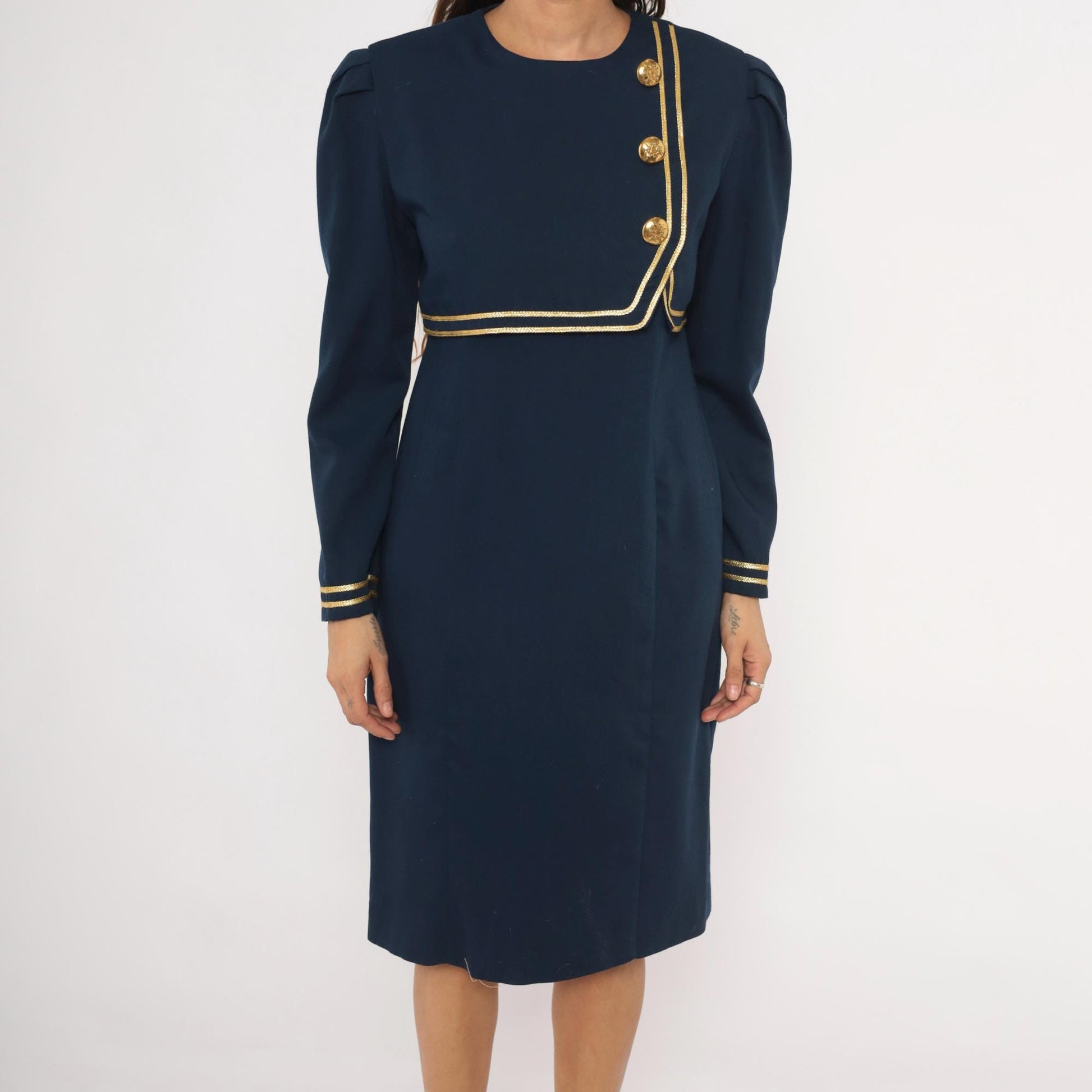 80s Jessica Howard Navy Dress Gold Braid Military Knee-Length Puff Sleeve Medium M