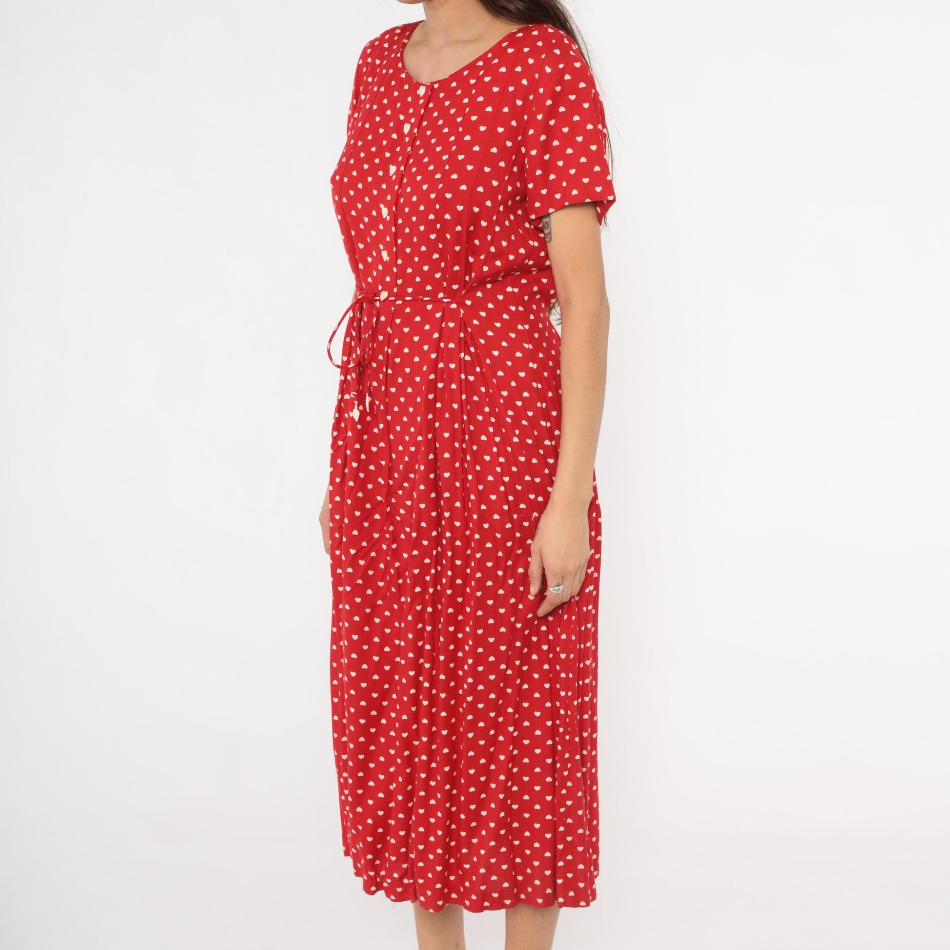 80s Sarah Elizabeth Red Heart Print Midi Dress Button Front Scoop Neck Medium M