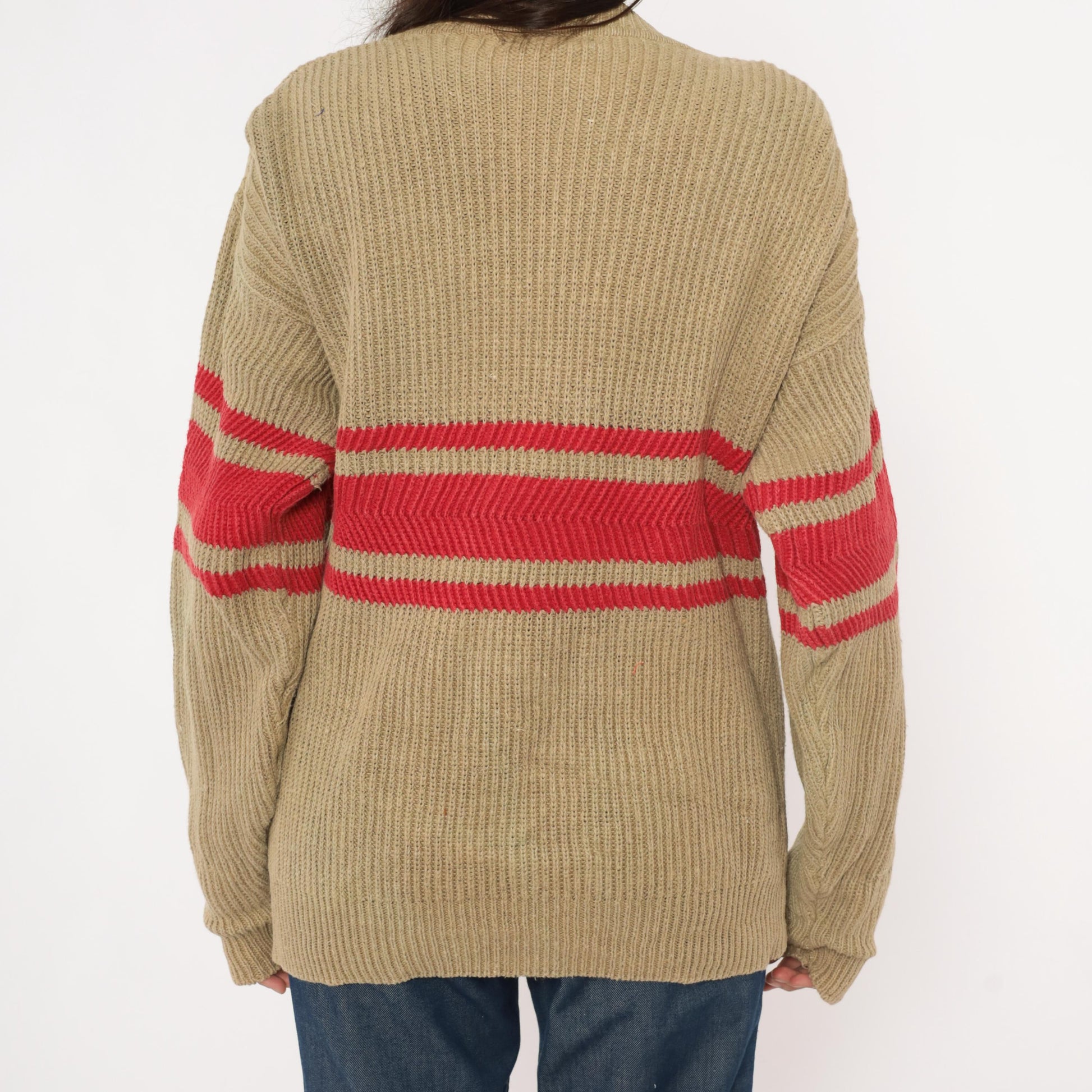 90s GAP Striped Cardigan Tan Red Ribbed Knit Open Front Medium M