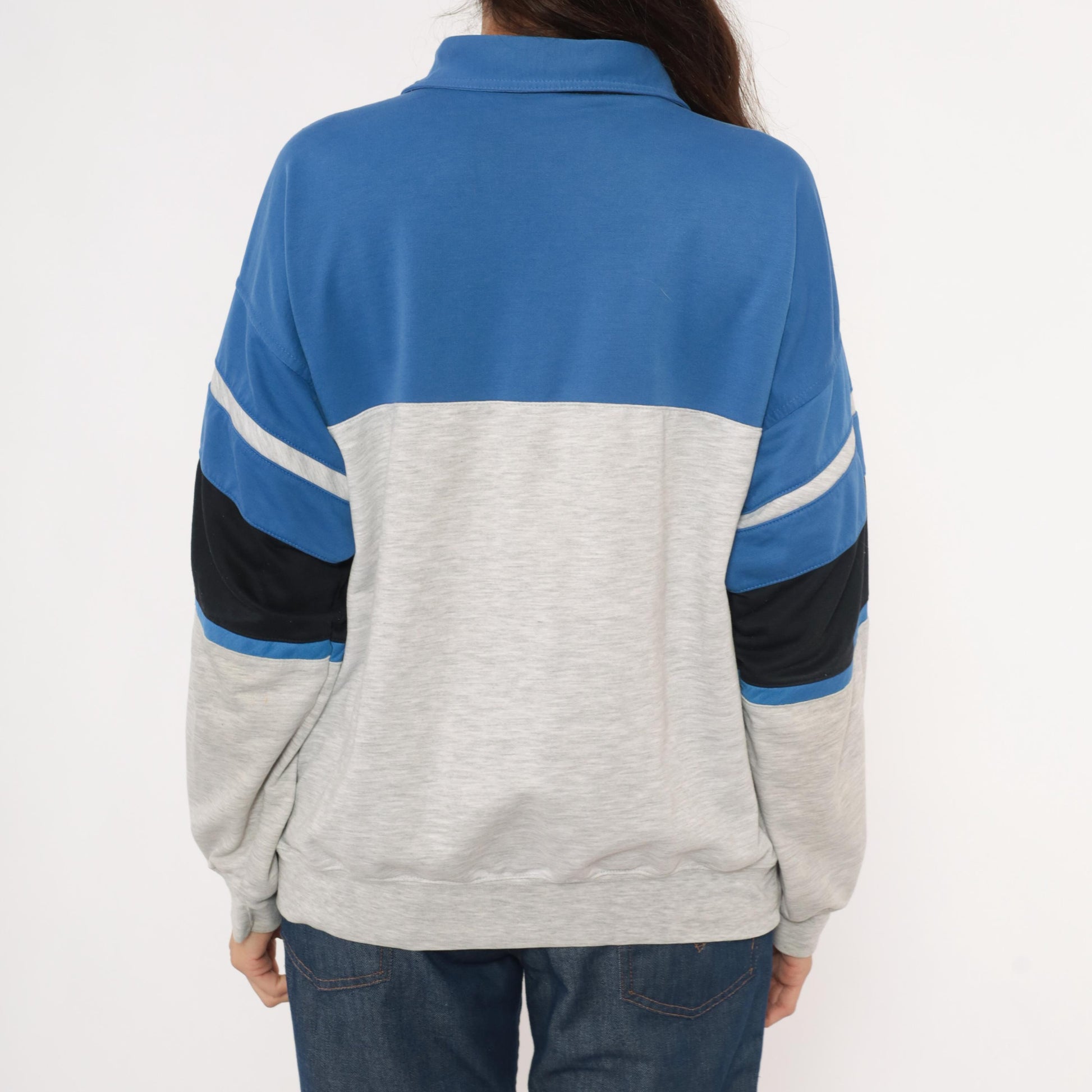 80s Knightsbridge Color Block Polo Sweatshirt Blue Striped Grey Small