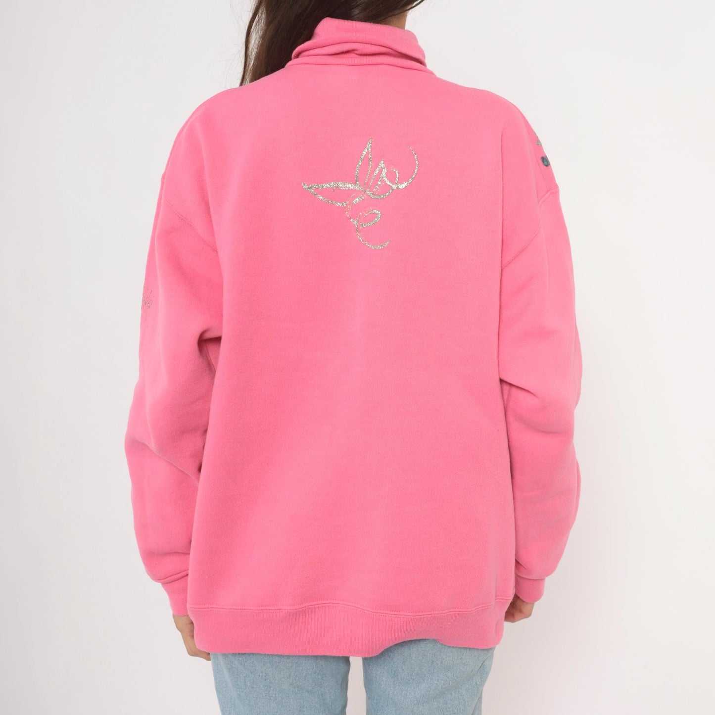 90s Tultex Pink Turtleneck Sweatshirt Floral Hand-Painted Glitter Extra Large XL