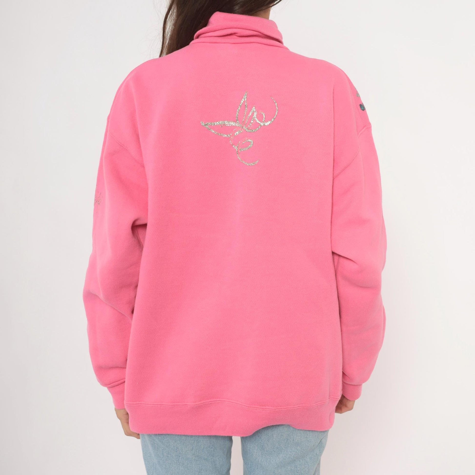 90s Tultex Pink Turtleneck Sweatshirt Floral Hand-Painted Glitter Extra Large XL