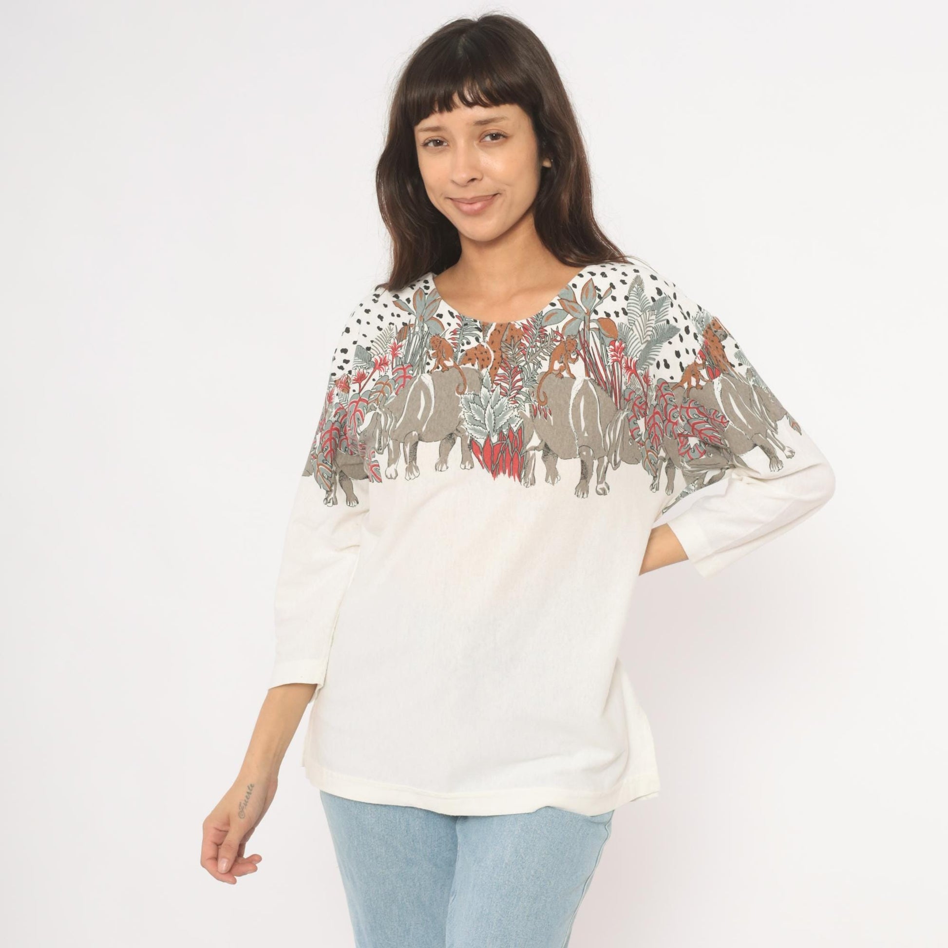 90s Enchante Sport Safari Animal Print Top Cream Jungle Scene Large L