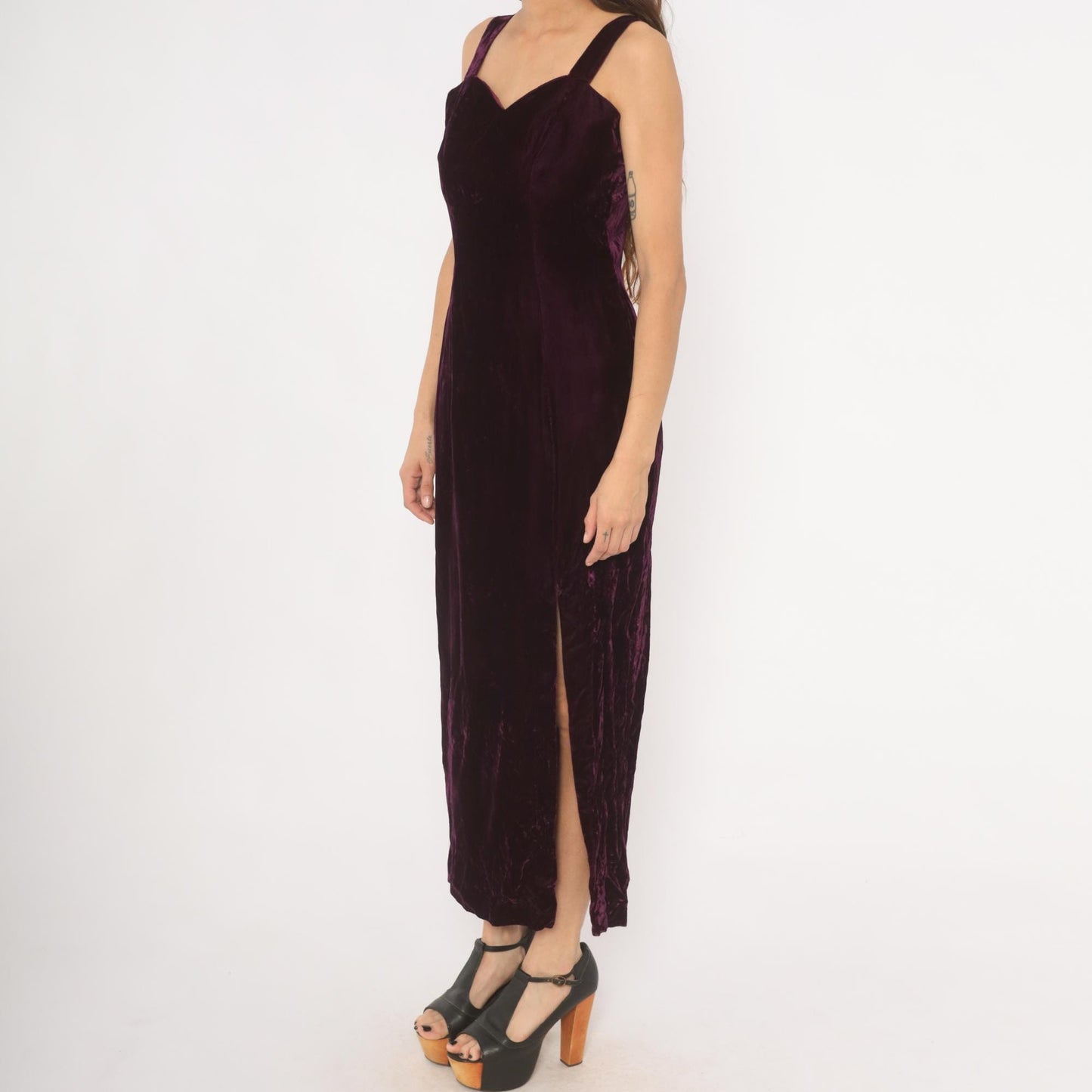 70s Plum Velvet Maxi Dress Sweetheart Neckline Side Slit Medium M