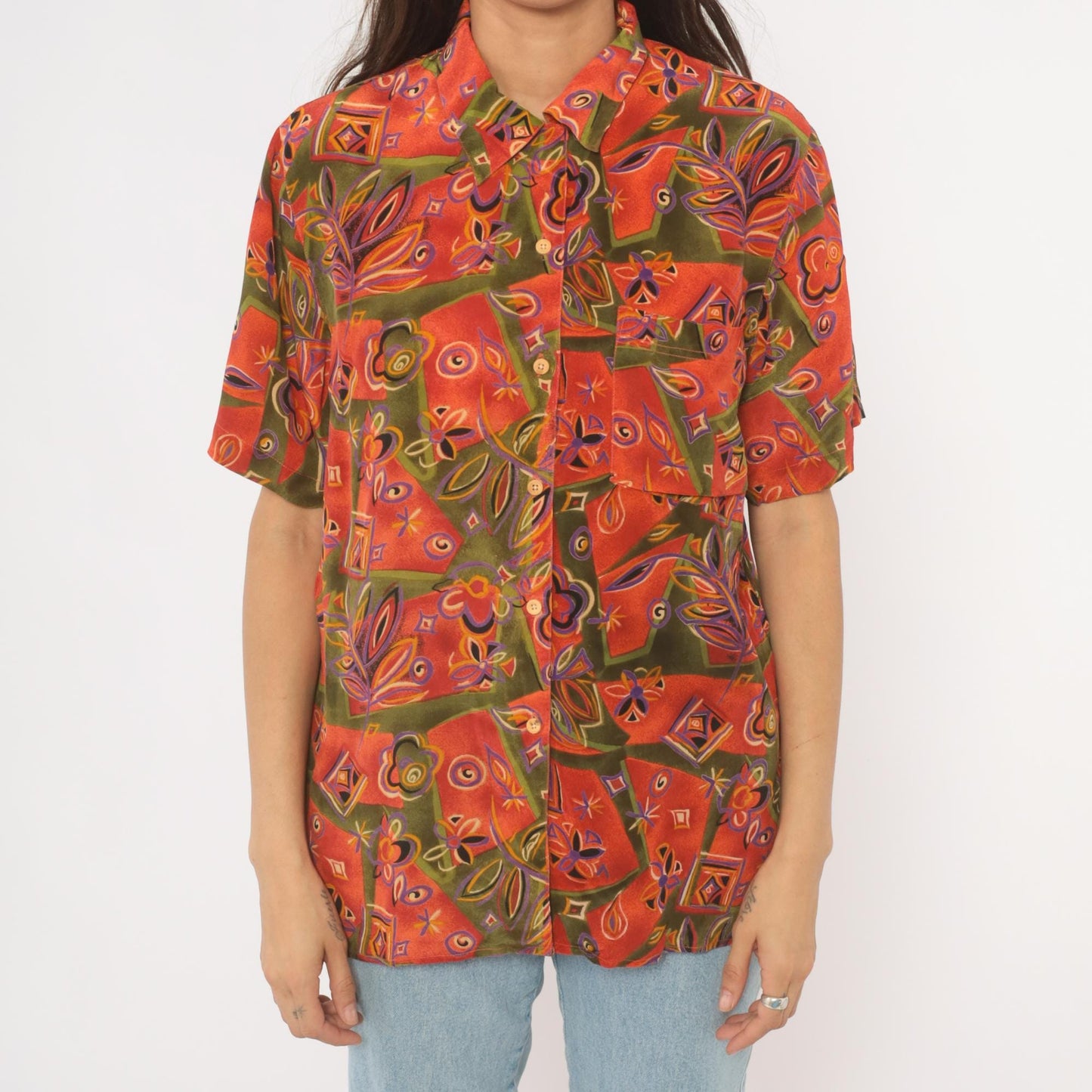 90s Quo-Silk Abstract Patchwork Silk Shirt Orange Olive Purple Camp Collar Medium