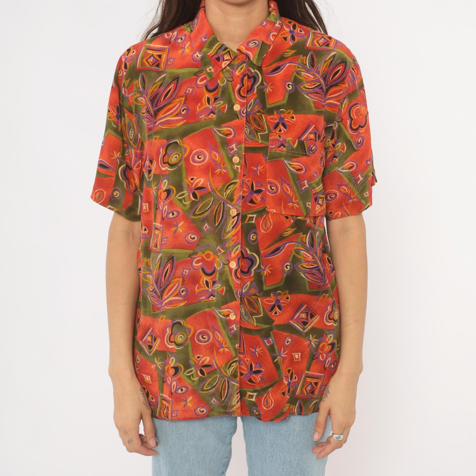 90s Quo-Silk Abstract Patchwork Silk Shirt Orange Olive Purple Camp Collar Medium