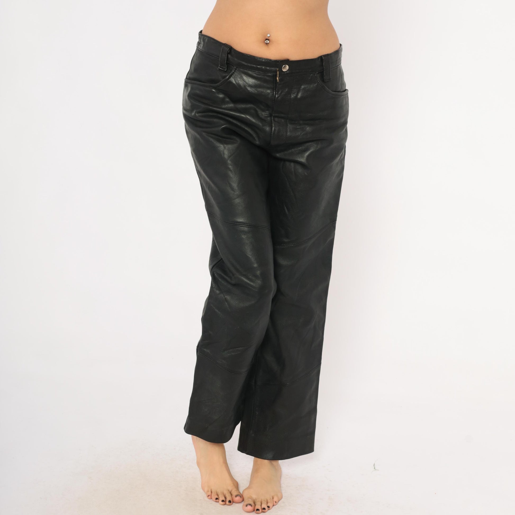 90s Berman's Black Leather Pants Straight Leg Moto Paneled Medium M