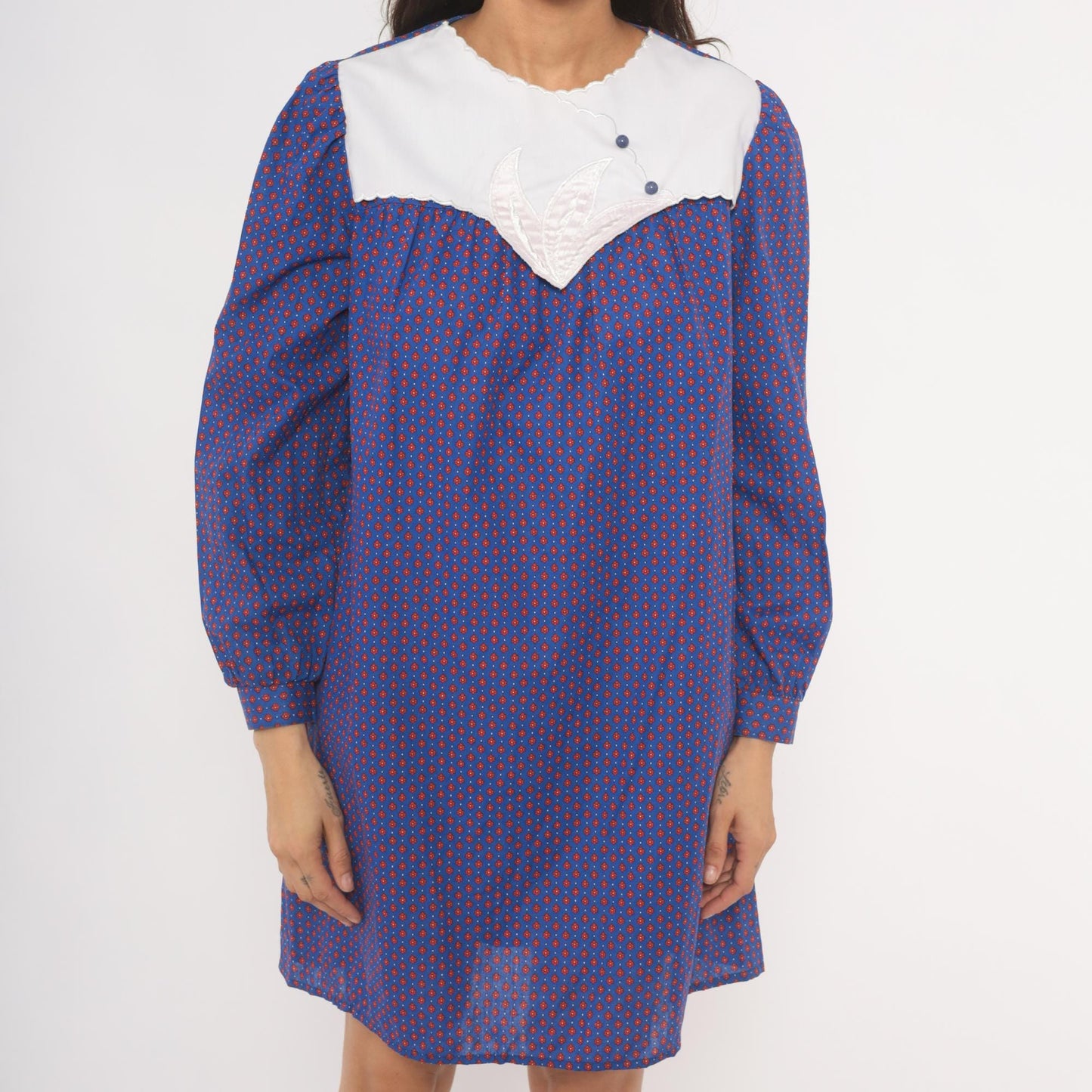 80s Maternity Calico Floral Shift Dress Blue Red Puff Sleeve Bib Collar Medium M