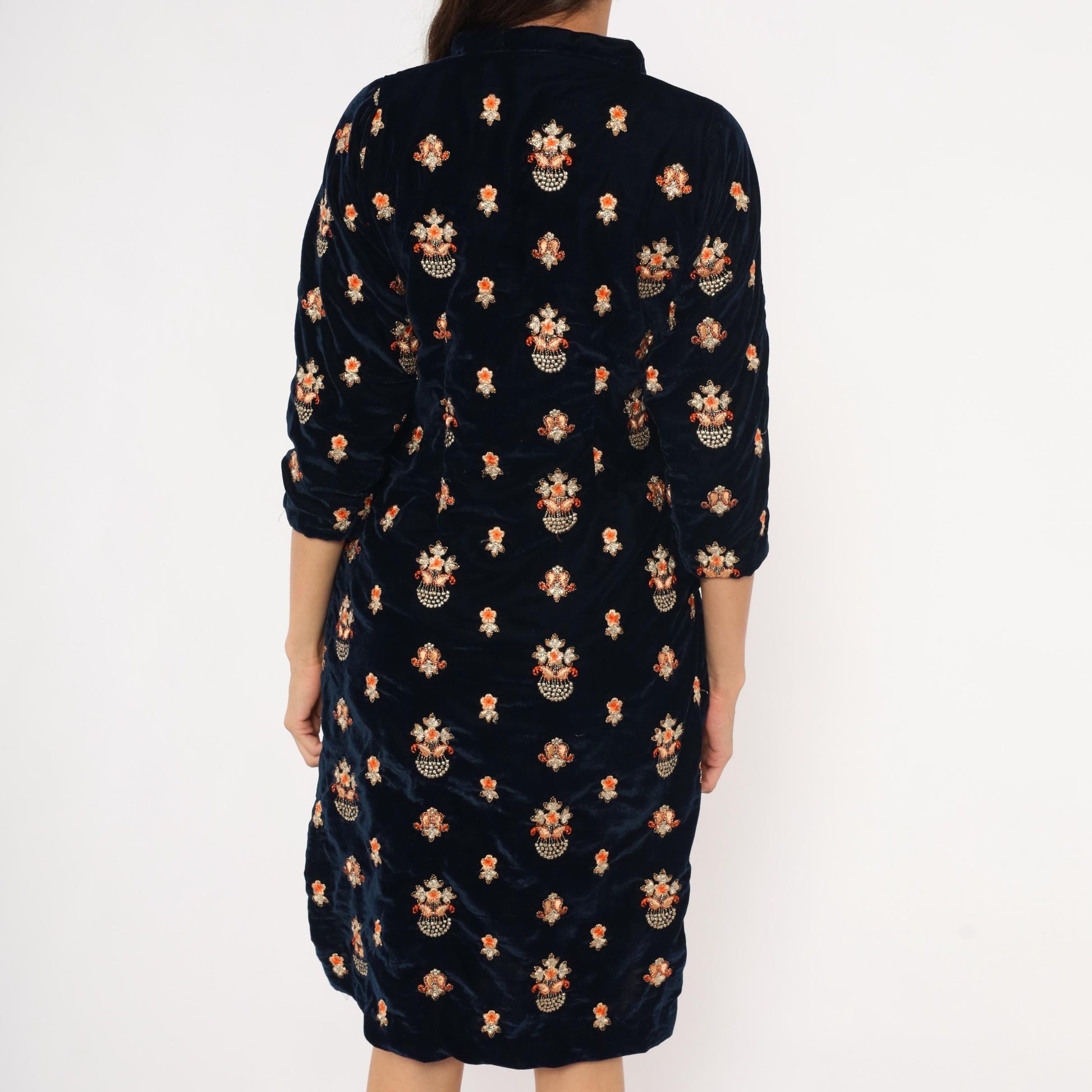 90s Navy Velvet Shift Dress Embroidered Floral Beaded Gold Orange Medium