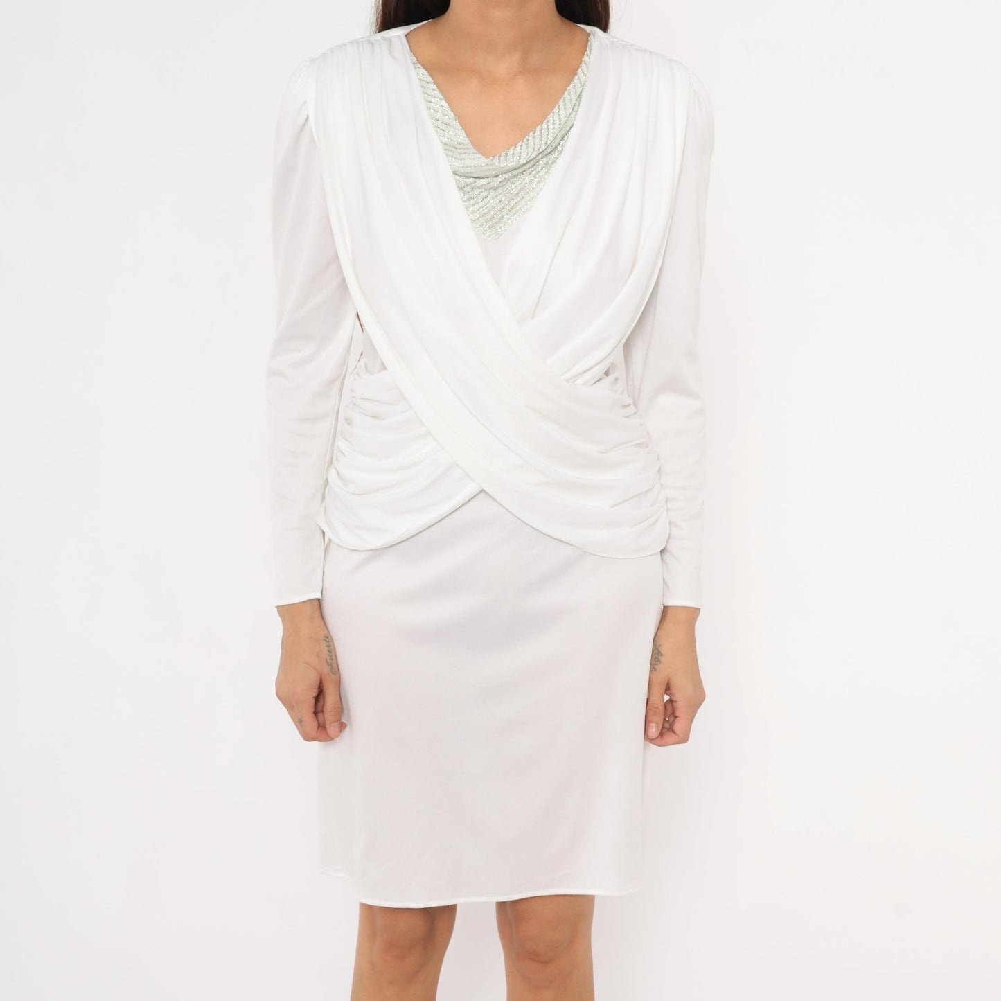 80s White Draped Crossover Dress Silver Beaded Neckline Ruched Bodice Small S