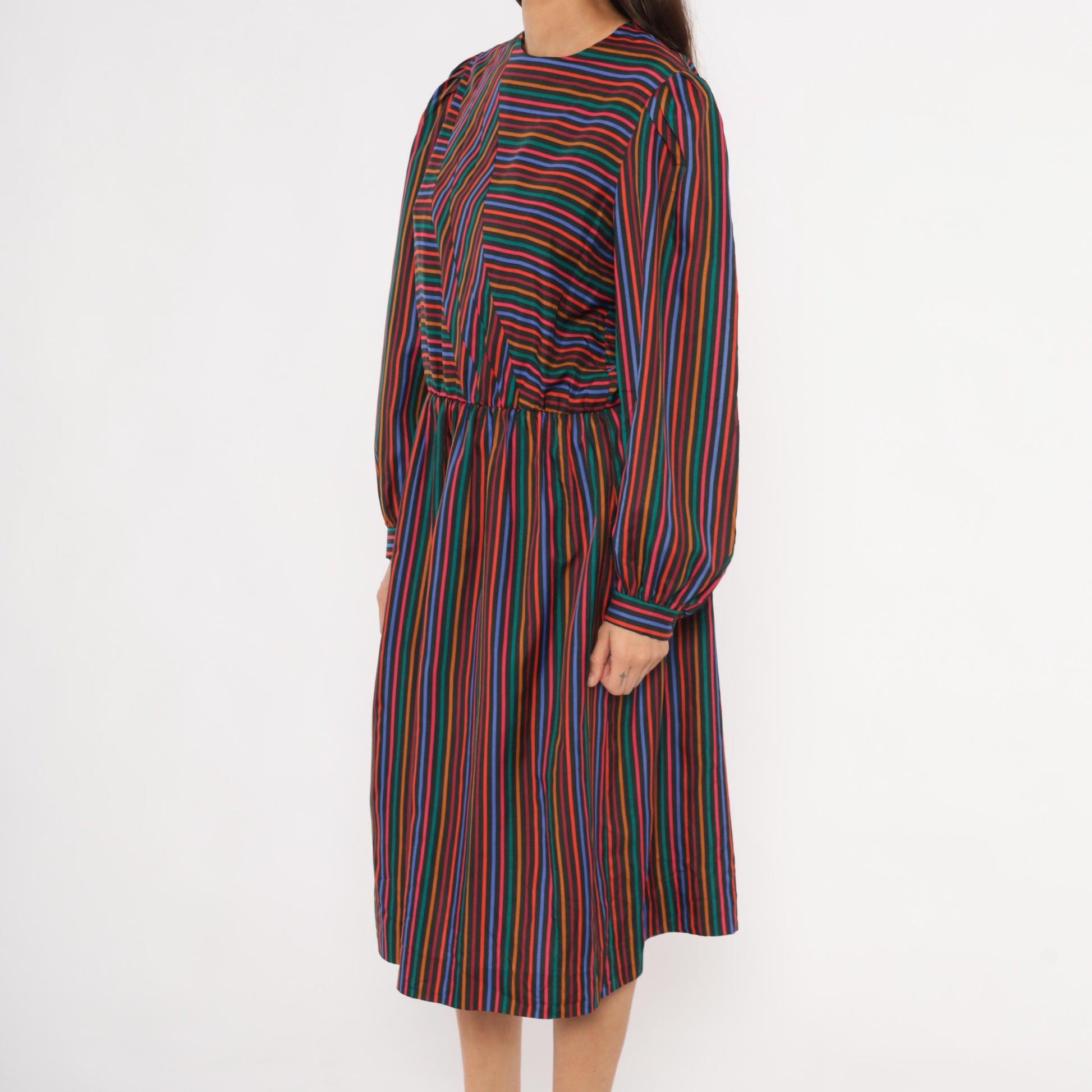 80s DW3 Multicolor Chevron Stripe Dress Puff Sleeve Gathered Waist Large