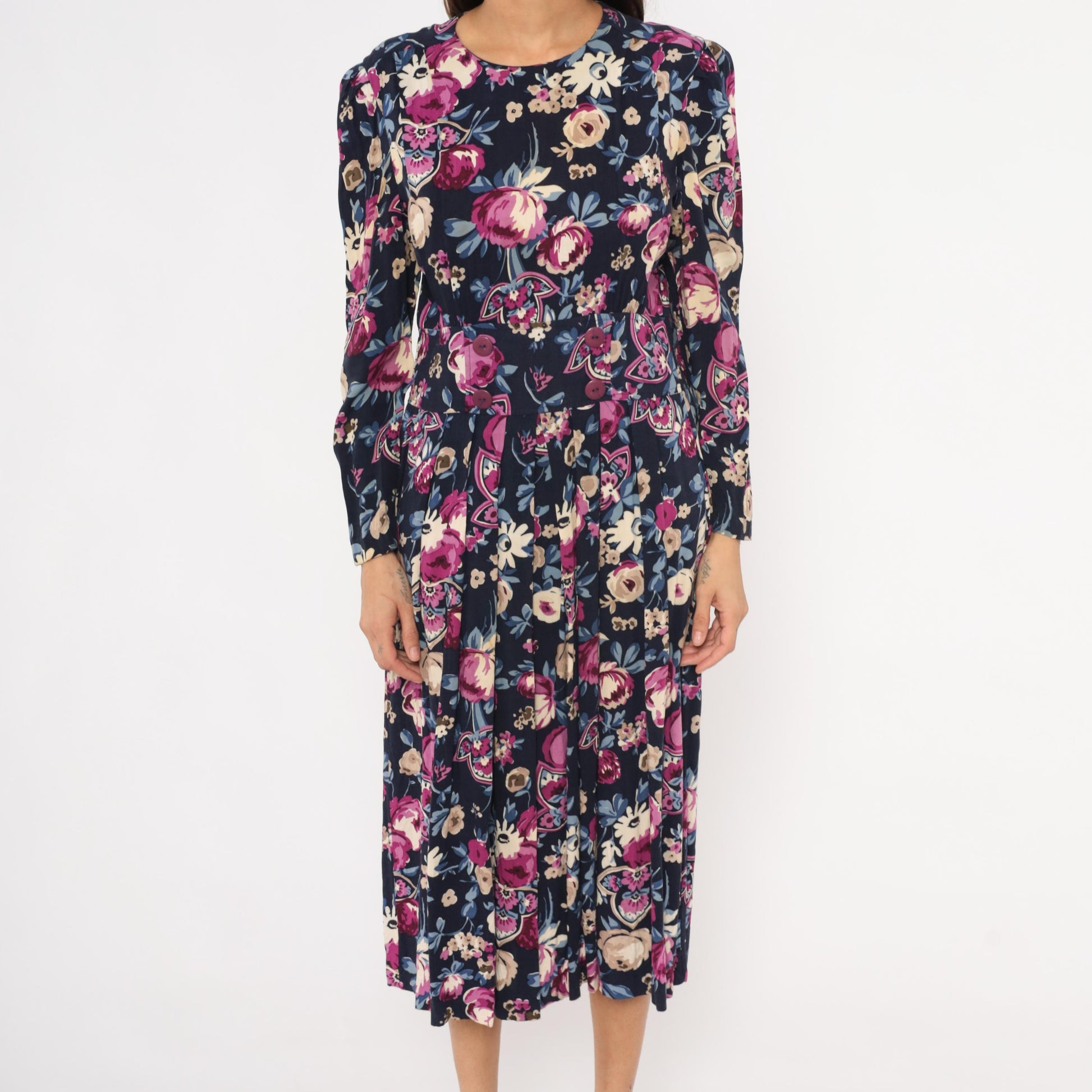 80s Karin Stevens Floral Midi Dress Navy Puff Sleeve Pleated Medium M
