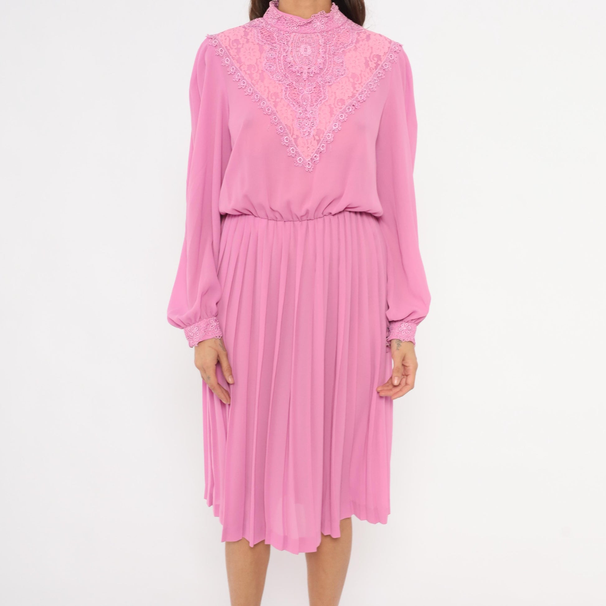 80s Rimini Pink Lace Bib Dress Bishop Sleeve Pleated Skirt Small Medium