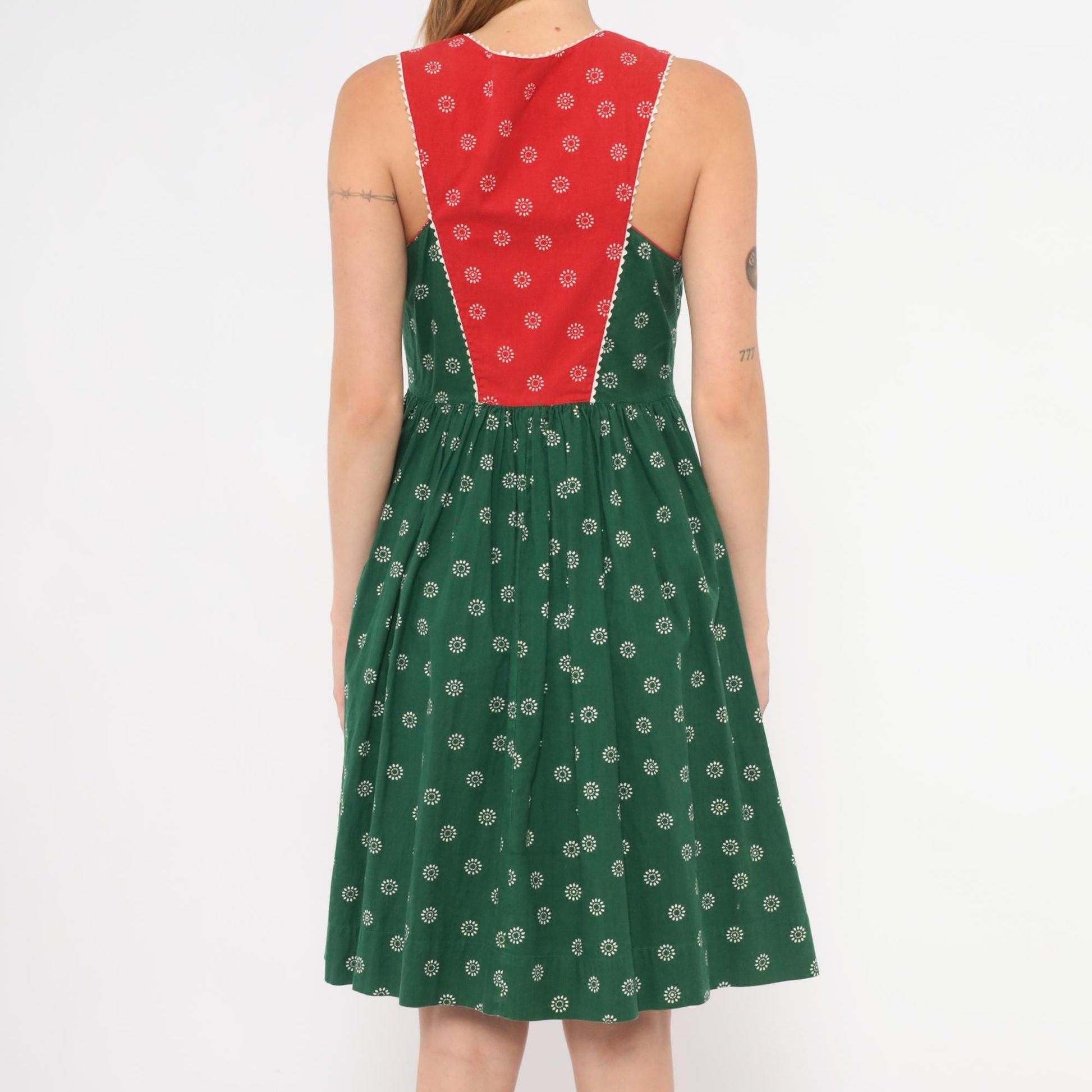 60s Muchner Kindermoden Dirndl Dress Green Floral Red Bodice Square Neck Extra Small