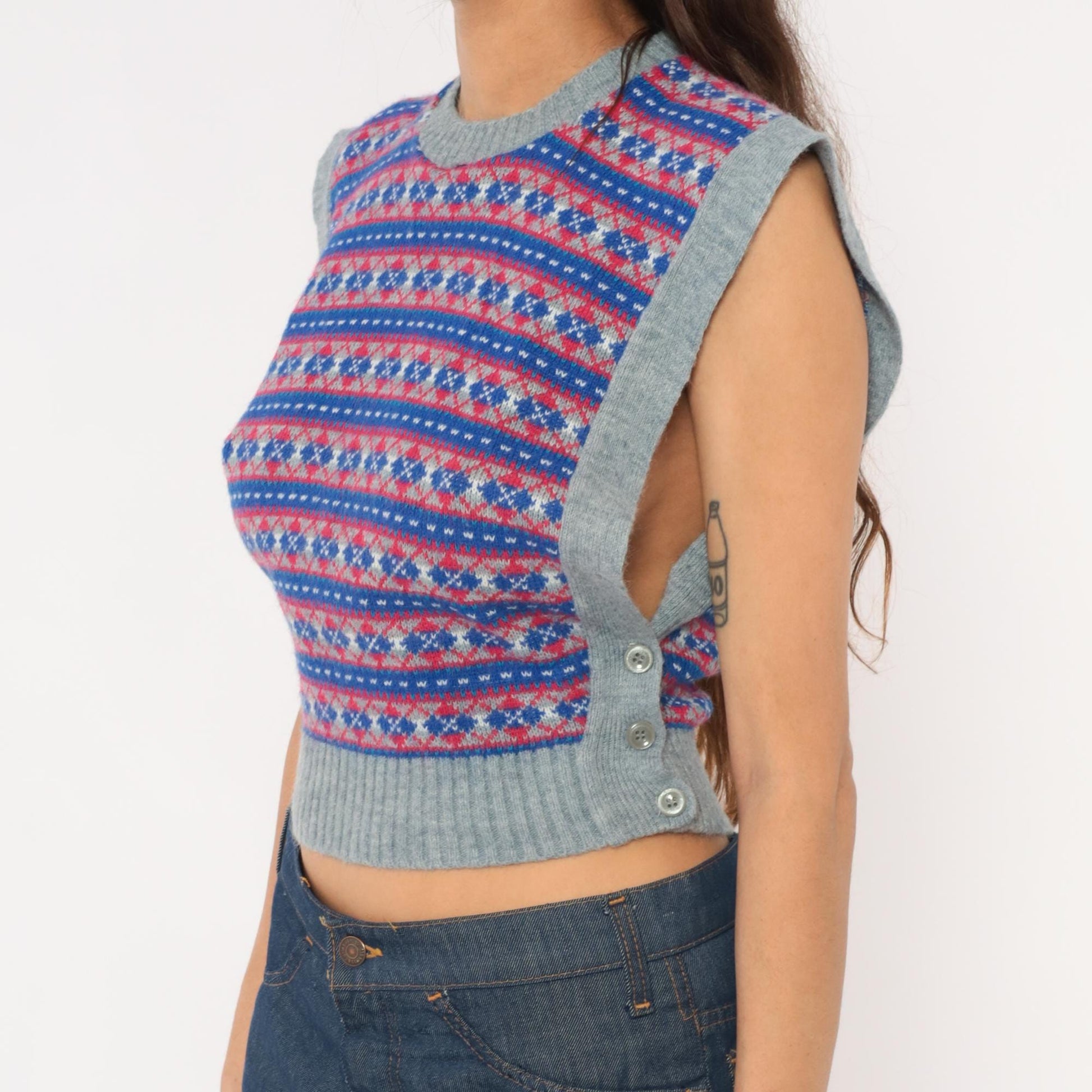 80s Fair Isle Sweater Vest Grey Blue Red Geometric Knit Cropped Extra Small XS