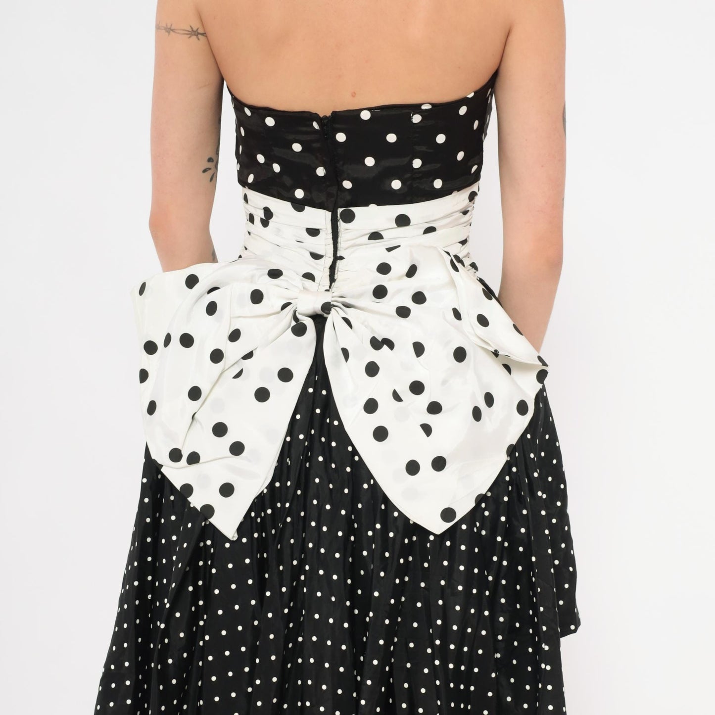80s Jessica McClintock Gunne Sax Polka Dot Strapless Gown Black White Extra Small XS