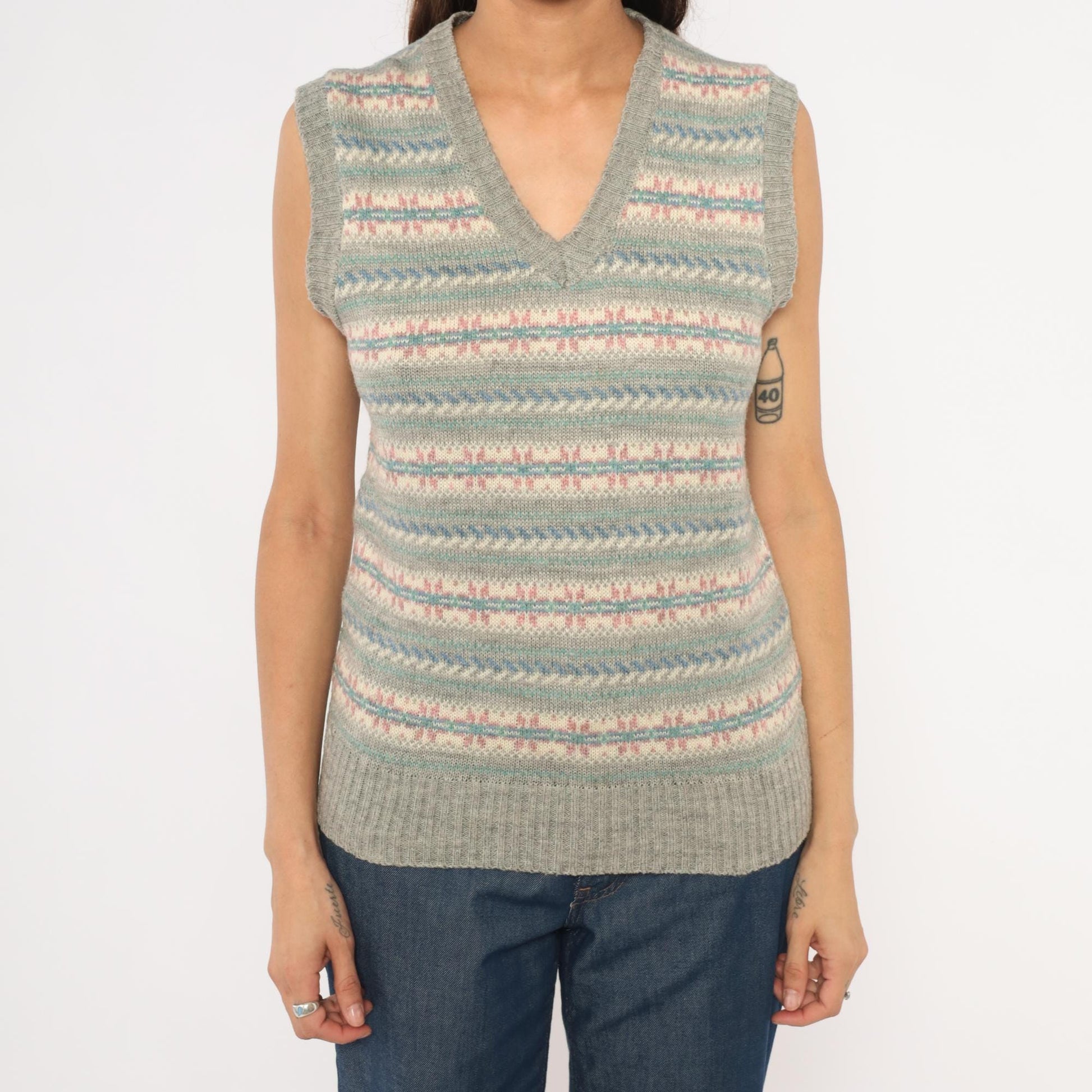 80s JJ McWays Fair Isle Sweater Vest Wool Blend Grey Pink Blue Small