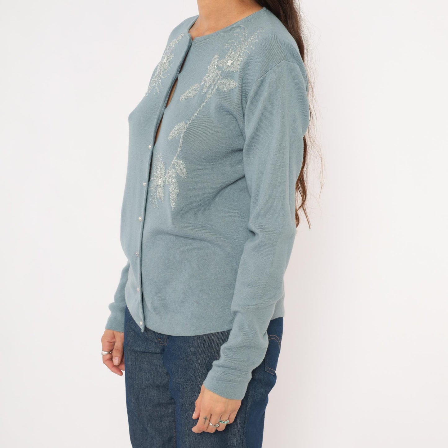 Saks Fifth Avenue 90s Powder Blue Cardigan Embroidered Floral Beaded Medium
