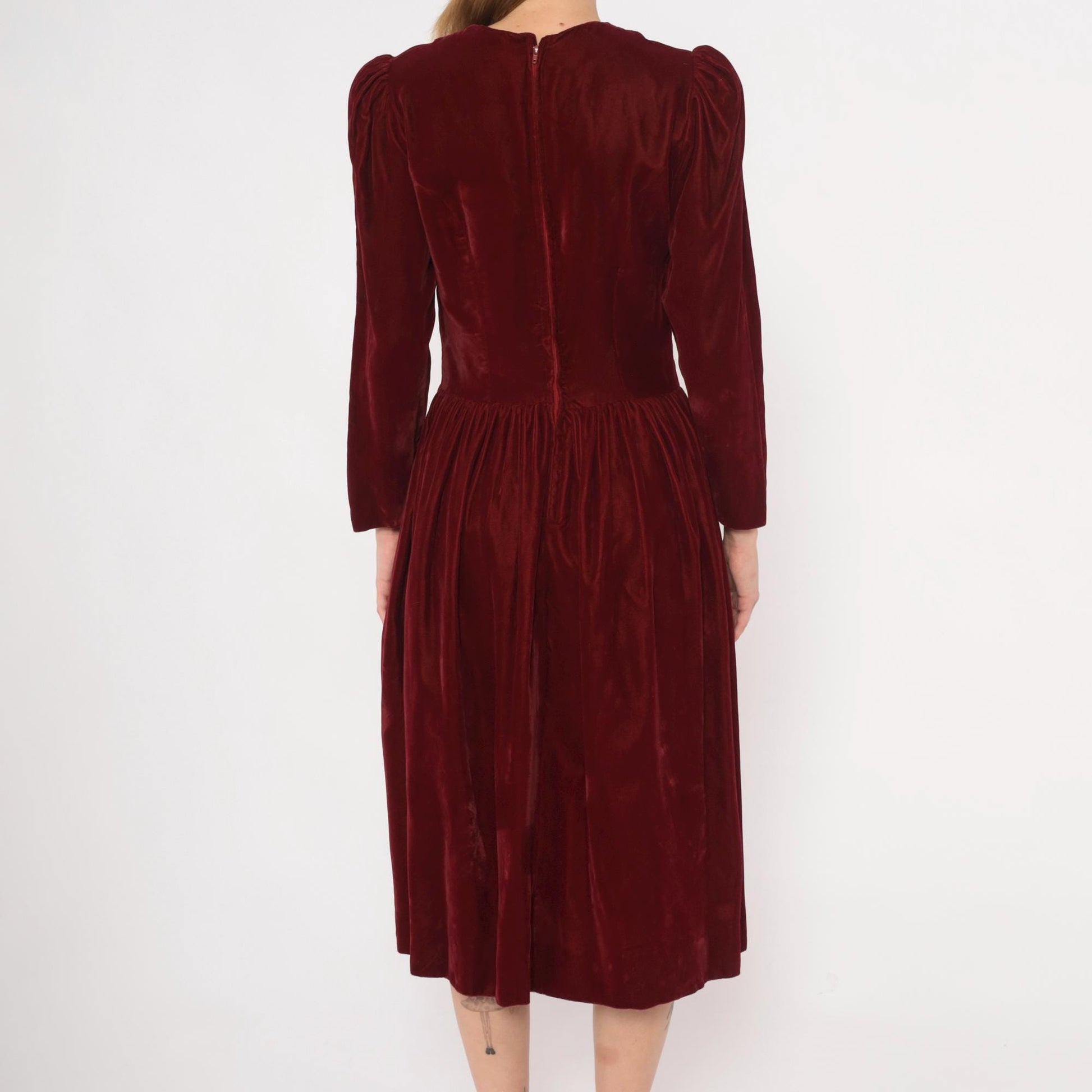 70s Burgundy Velvet Midi Dress Puff Sleeve Fitted Waist Small