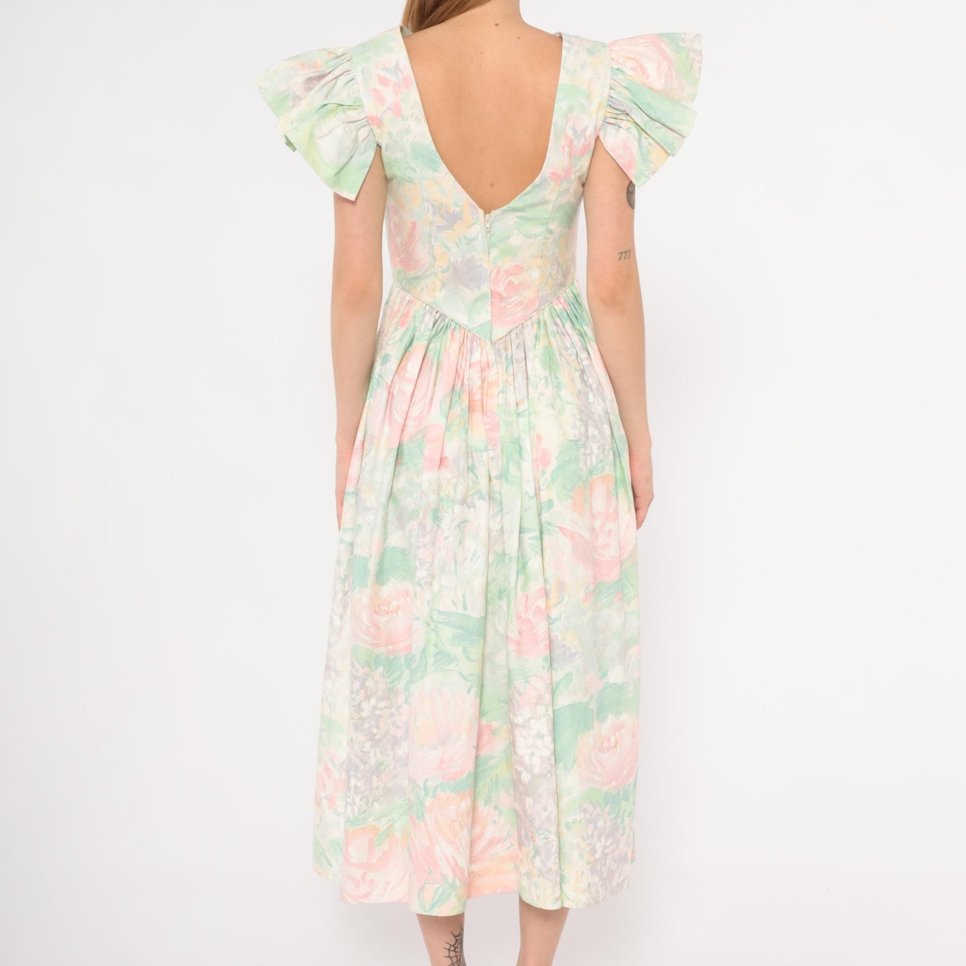 90s JCPenney Floral Midi Dress Watercolor Rose Basque Waist Flutter Sleeve Small S