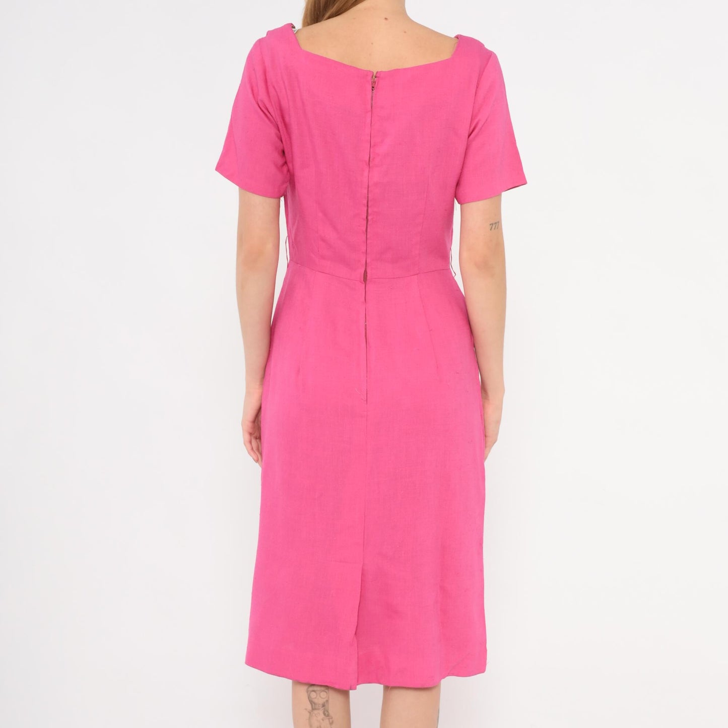 80s Fuchsia Linen Cotton Sheath Dress Square Neckline Pleated Waist Small S