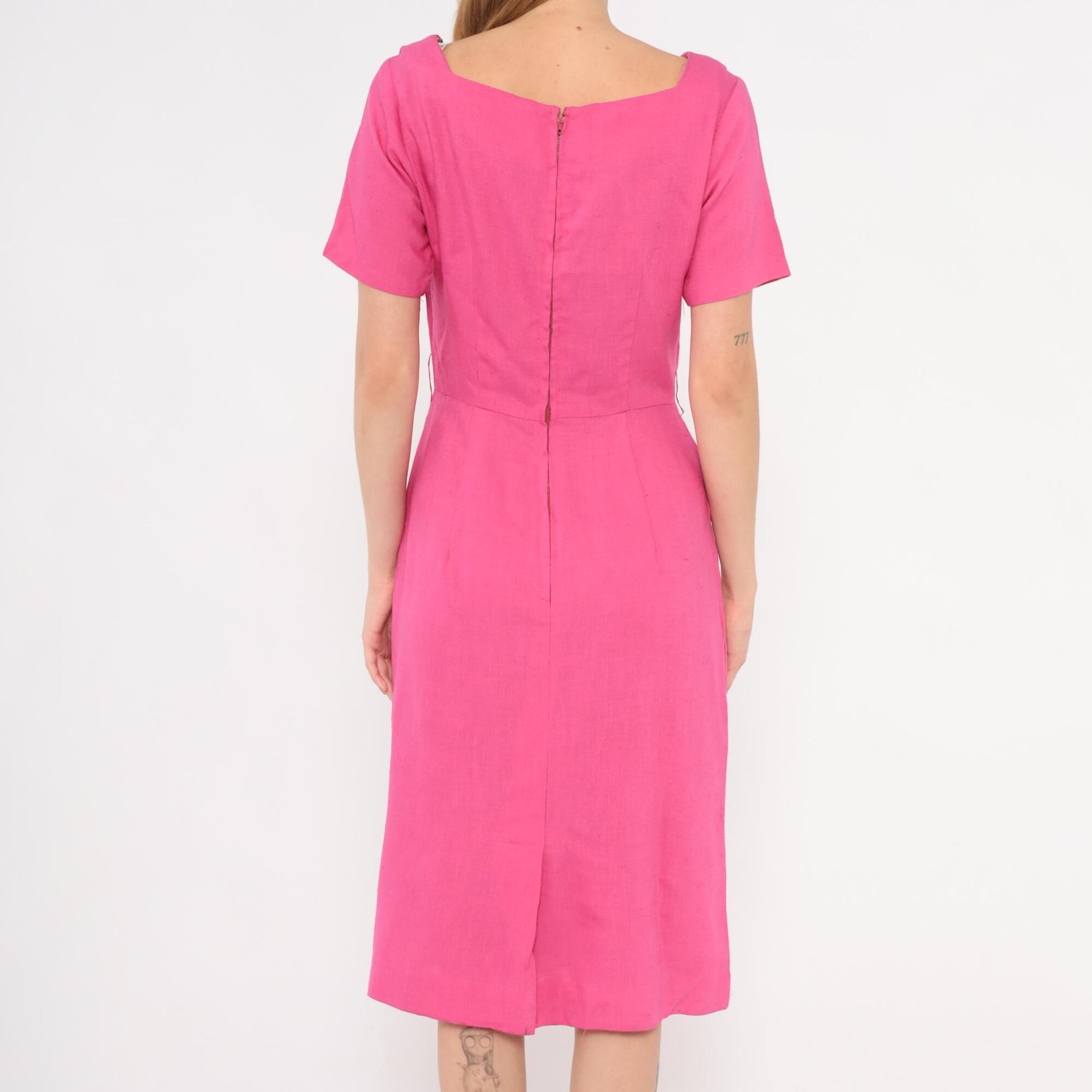 80s Fuchsia Linen Cotton Sheath Dress Square Neckline Pleated Waist Small S