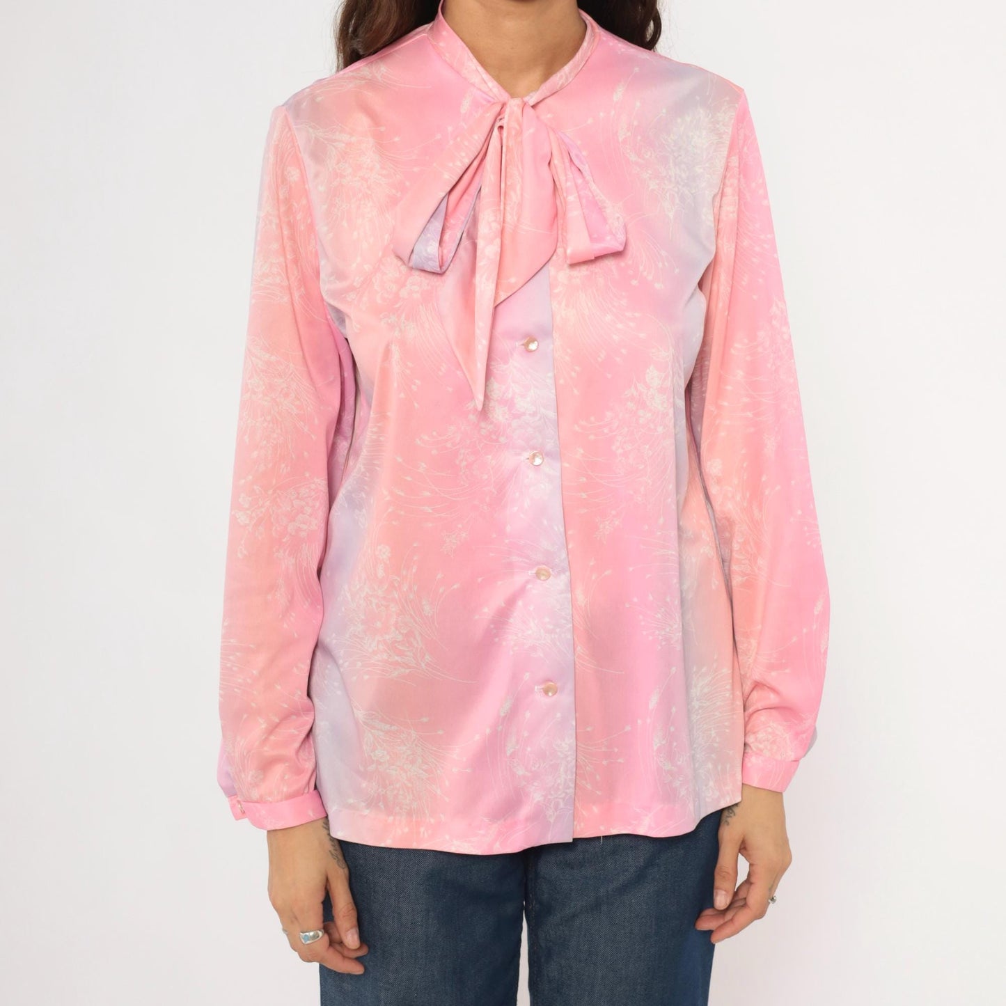 70s Pink Lavender Floral Pussy Bow Blouse Pearl Snap Button Front Medium M