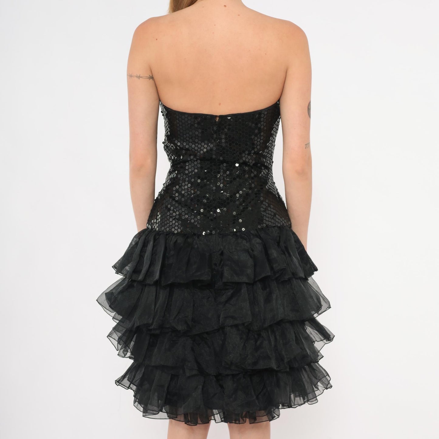 80s Tadashi Sequin Strapless Dress Sweetheart Neckline Tiered Ruffle Mini Black Small S