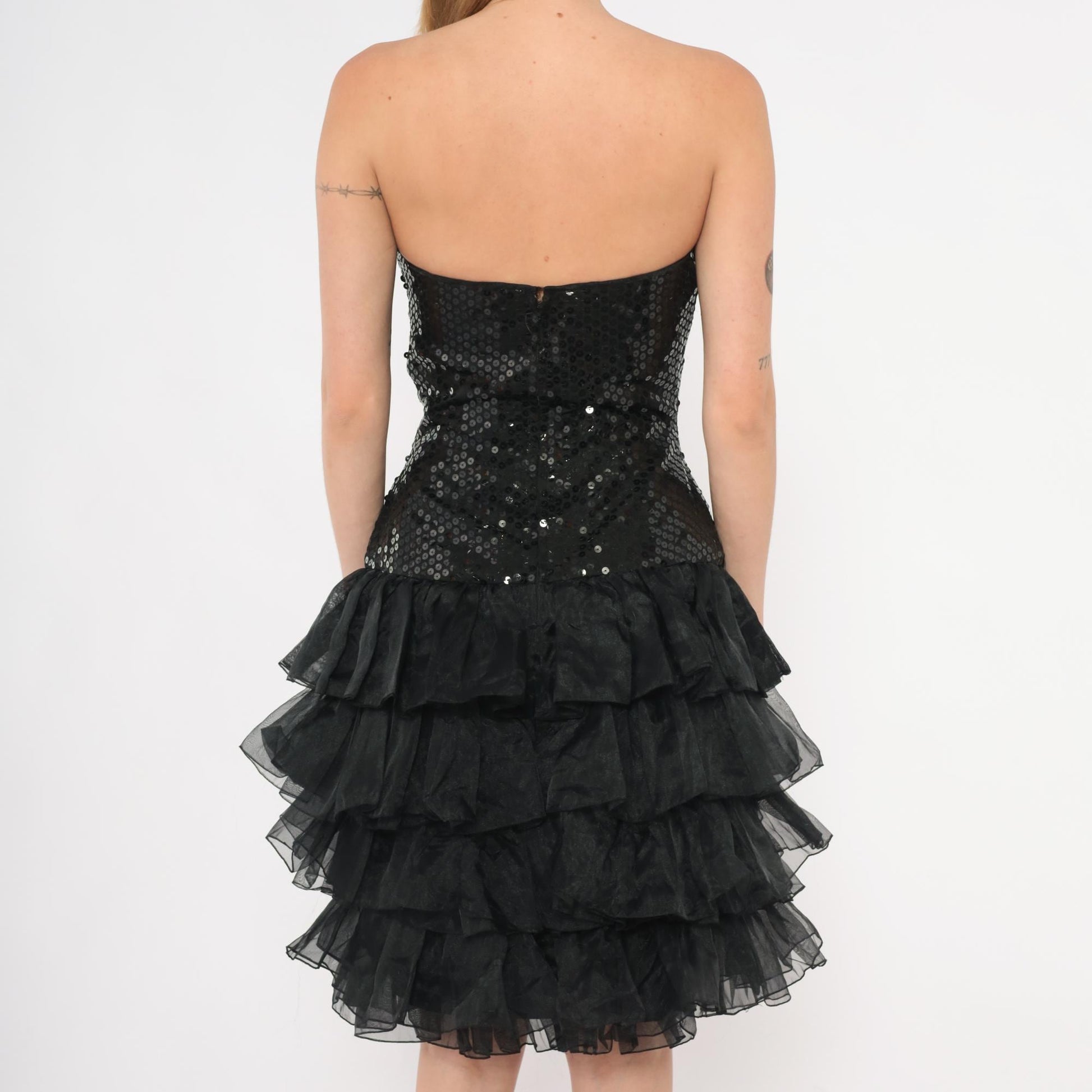 80s Tadashi Sequin Strapless Dress Sweetheart Neckline Tiered Ruffle Mini Black Small S