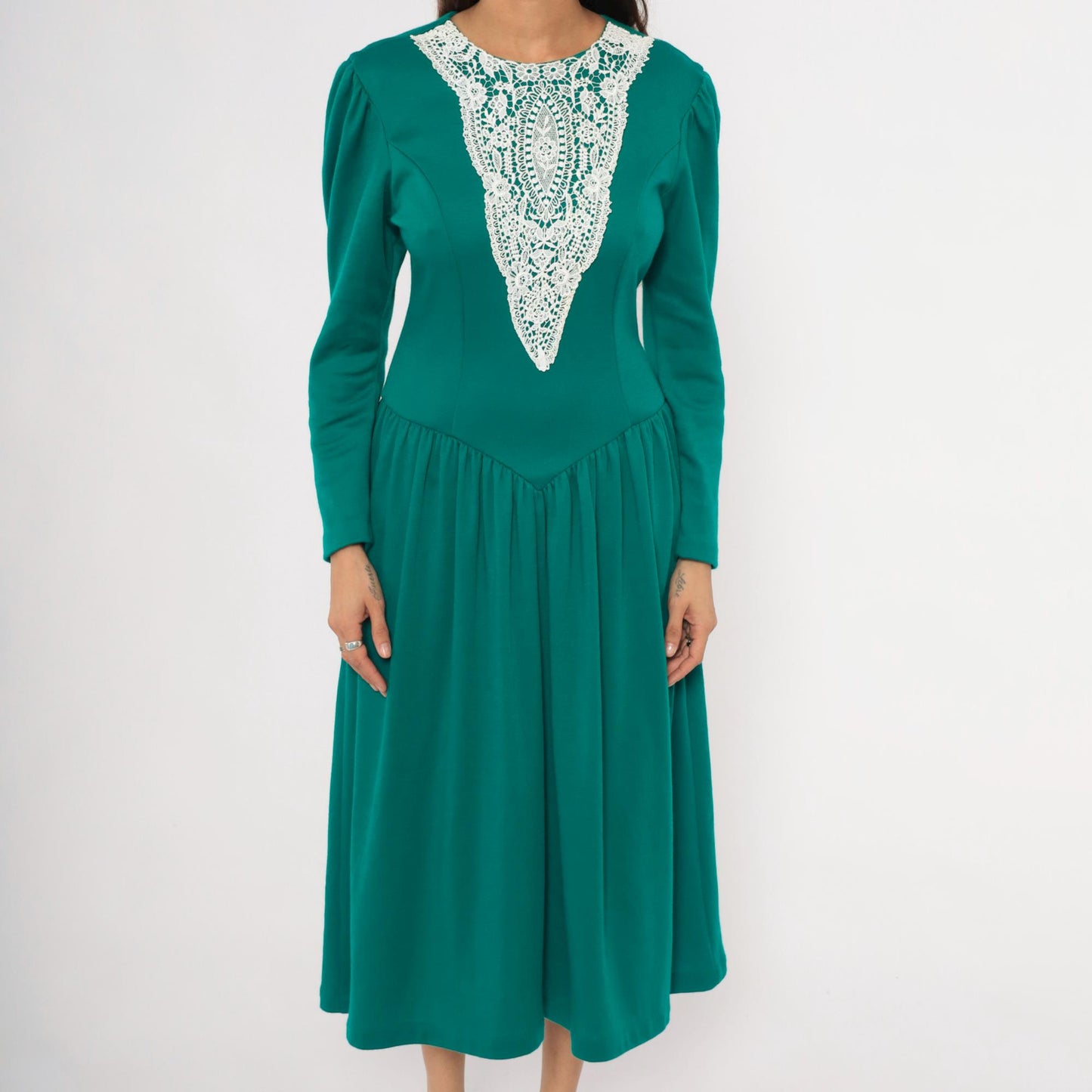 80s Expo Teal Midi Dress Lace Bib Puff Sleeve Fitted Bodice Medium M