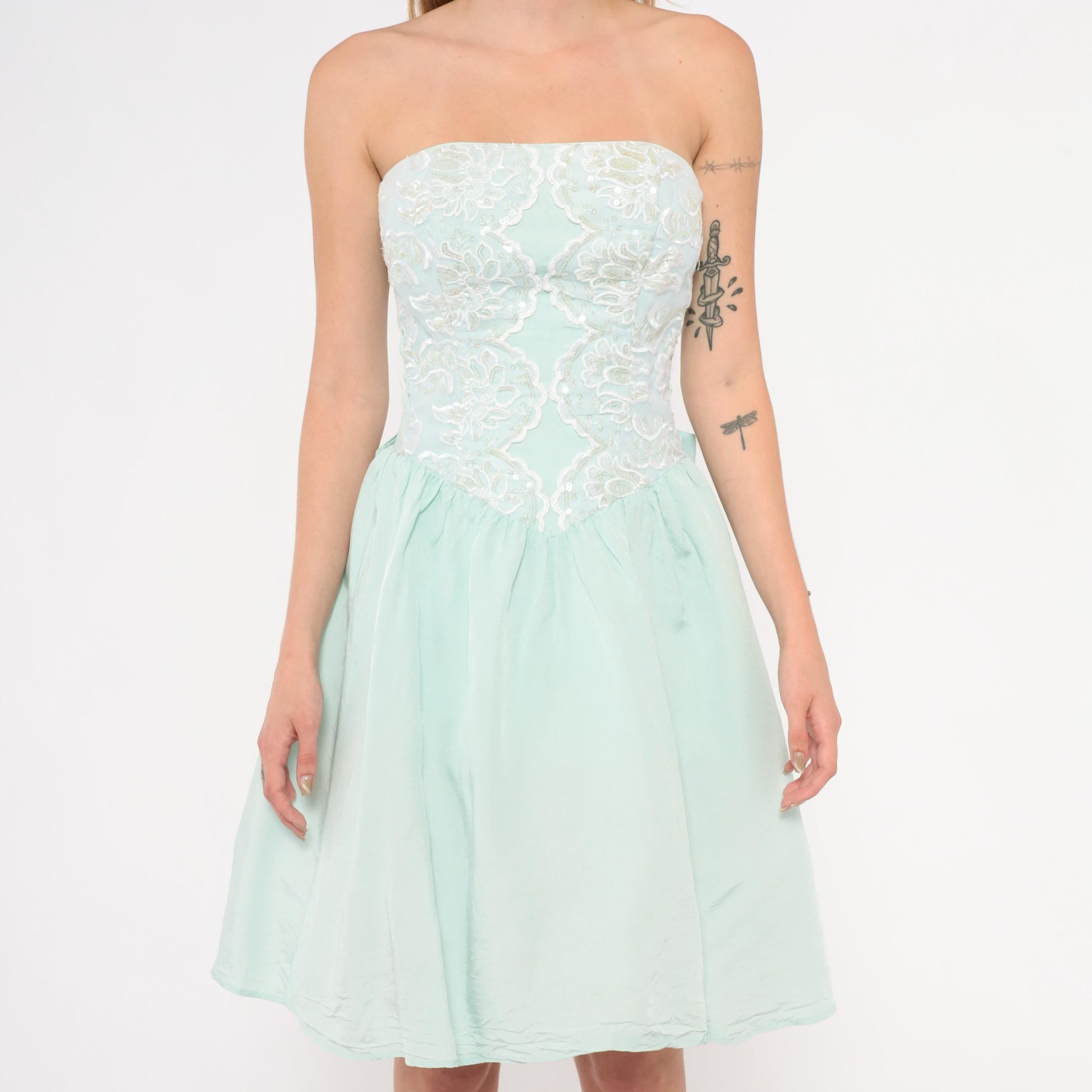 Gunne Sax 80s Mint Strapless Dress Sequin Lace Sweetheart Neckline Knee Length Extra Small XS