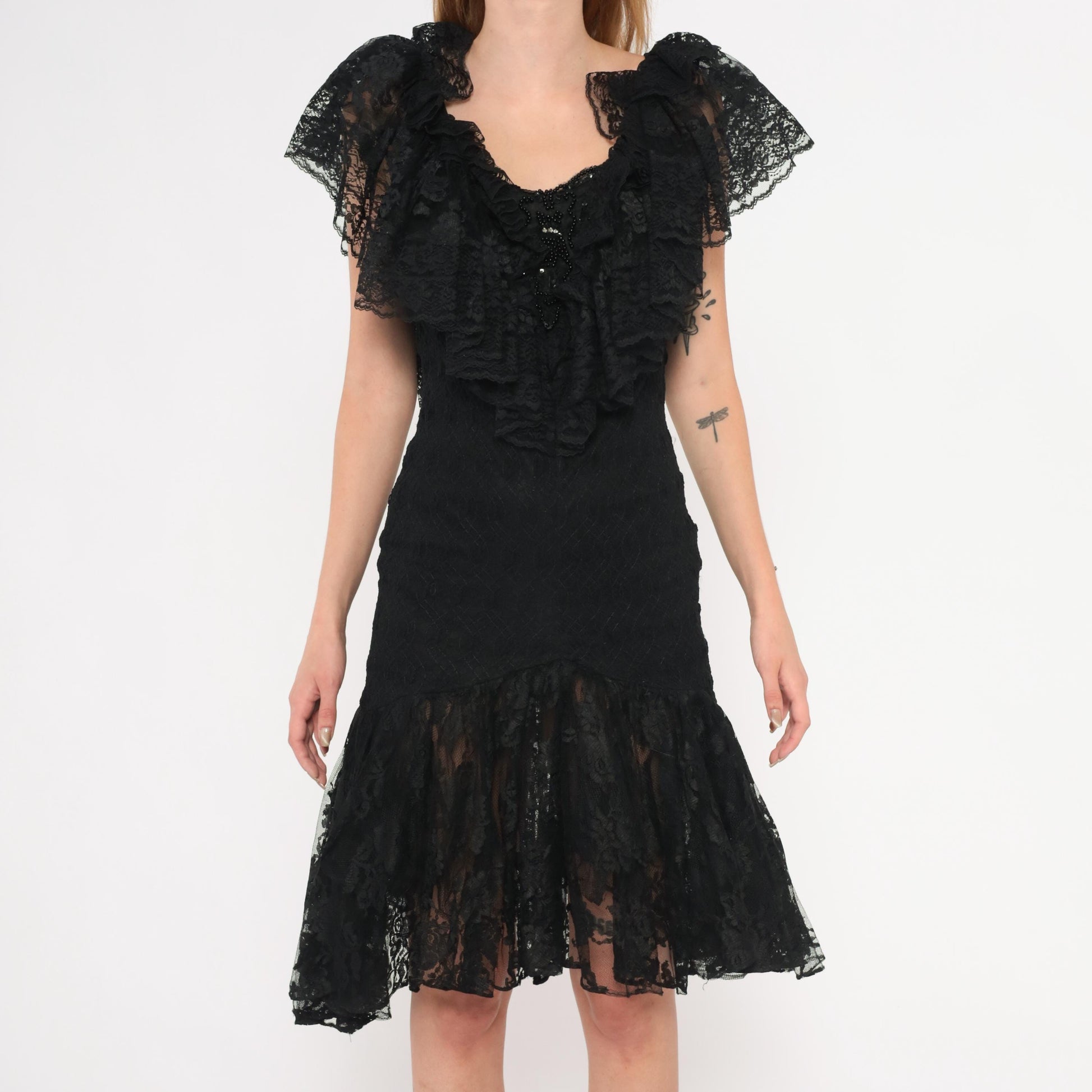 90s Lou Gene's Black Lace Dress Flutter Sleeve Open Back Knee-Length Small S