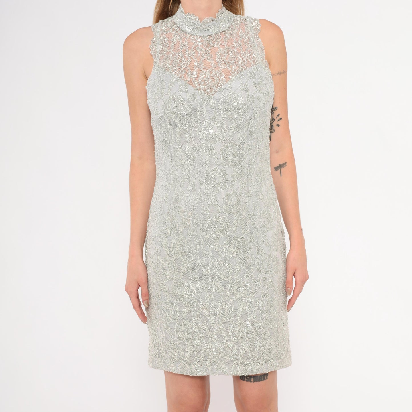 90s Silver Lace Mini Dress Nite Scarlet Mock Neck Metallic Floral Small Medium