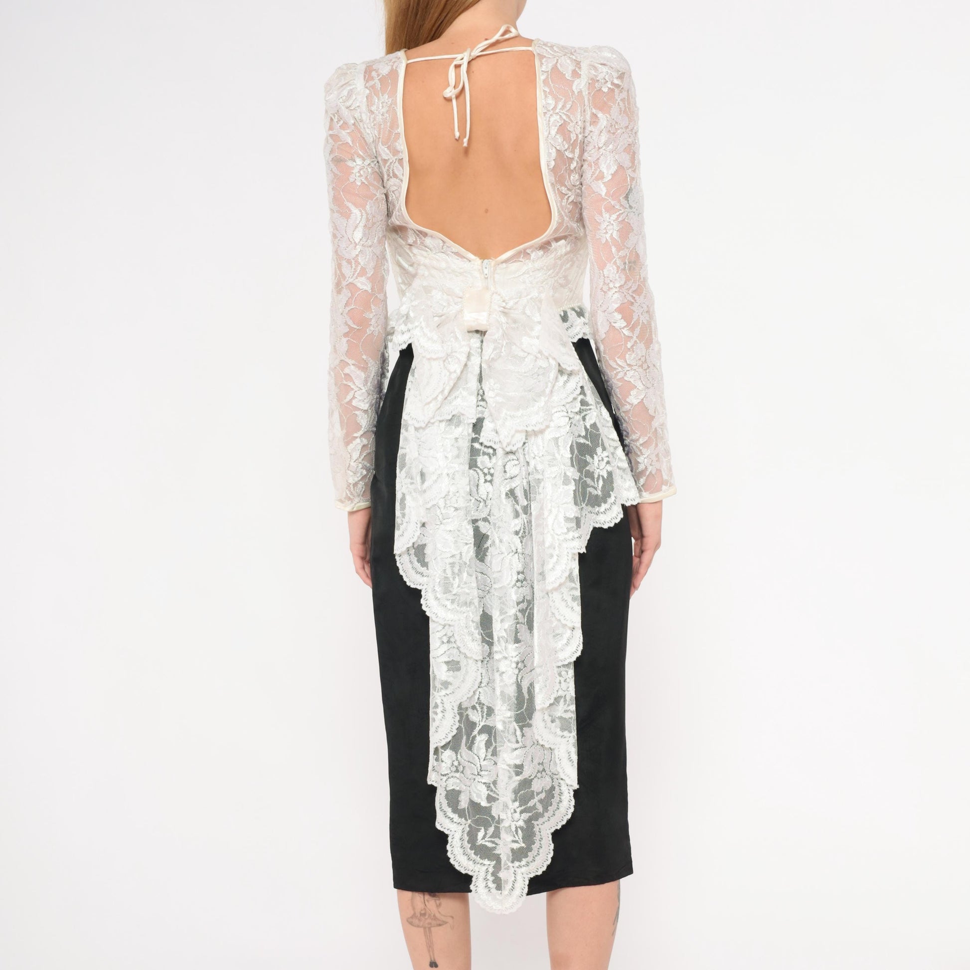 90s Black Ivory Lace Sweetheart Midi Dress Sheer Bustle Satin Pencil Skirt XS