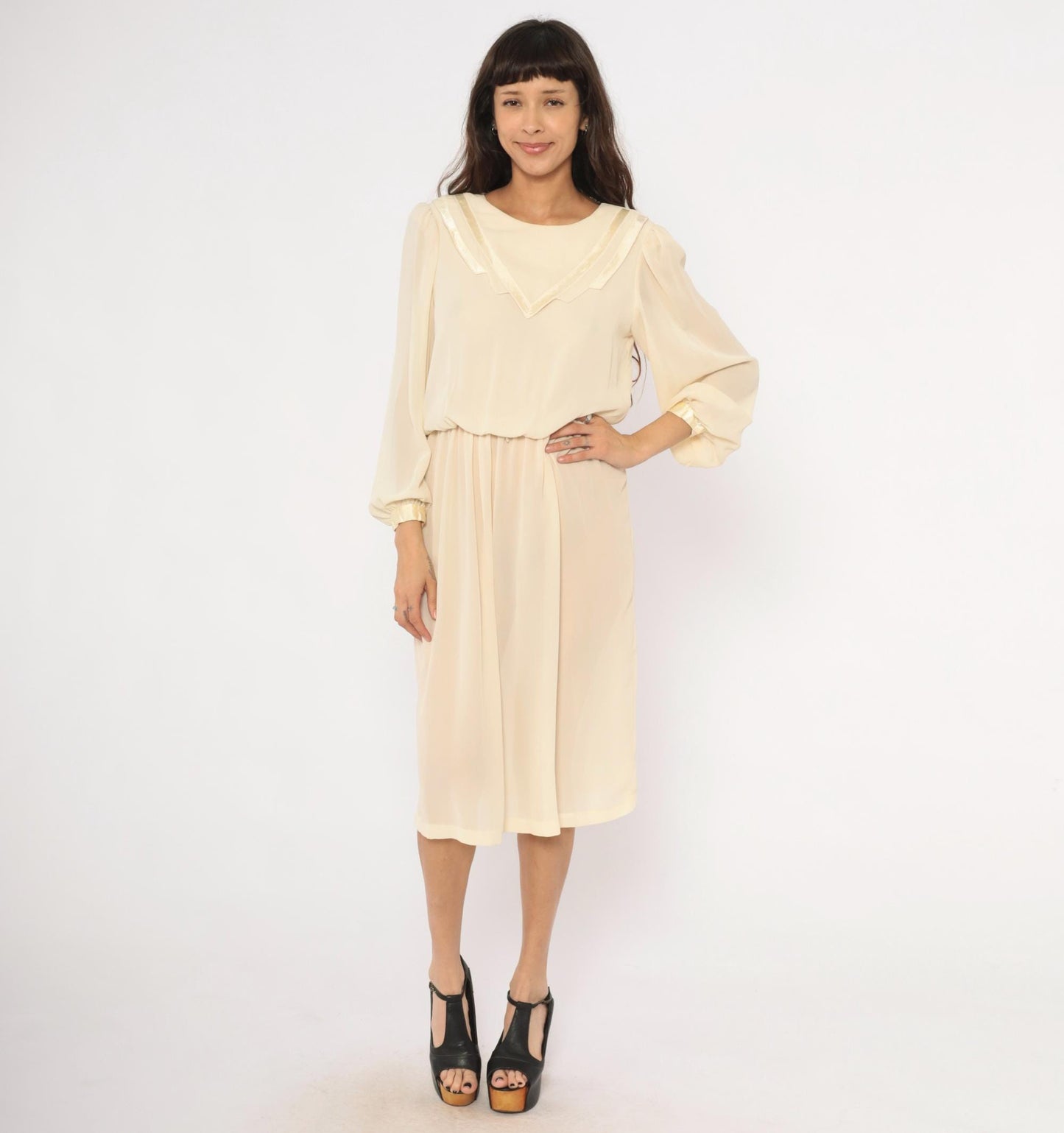 80s Street Scene Cream Chiffon Dress Bishop Sleeve V-Trim Knee-Length Small S