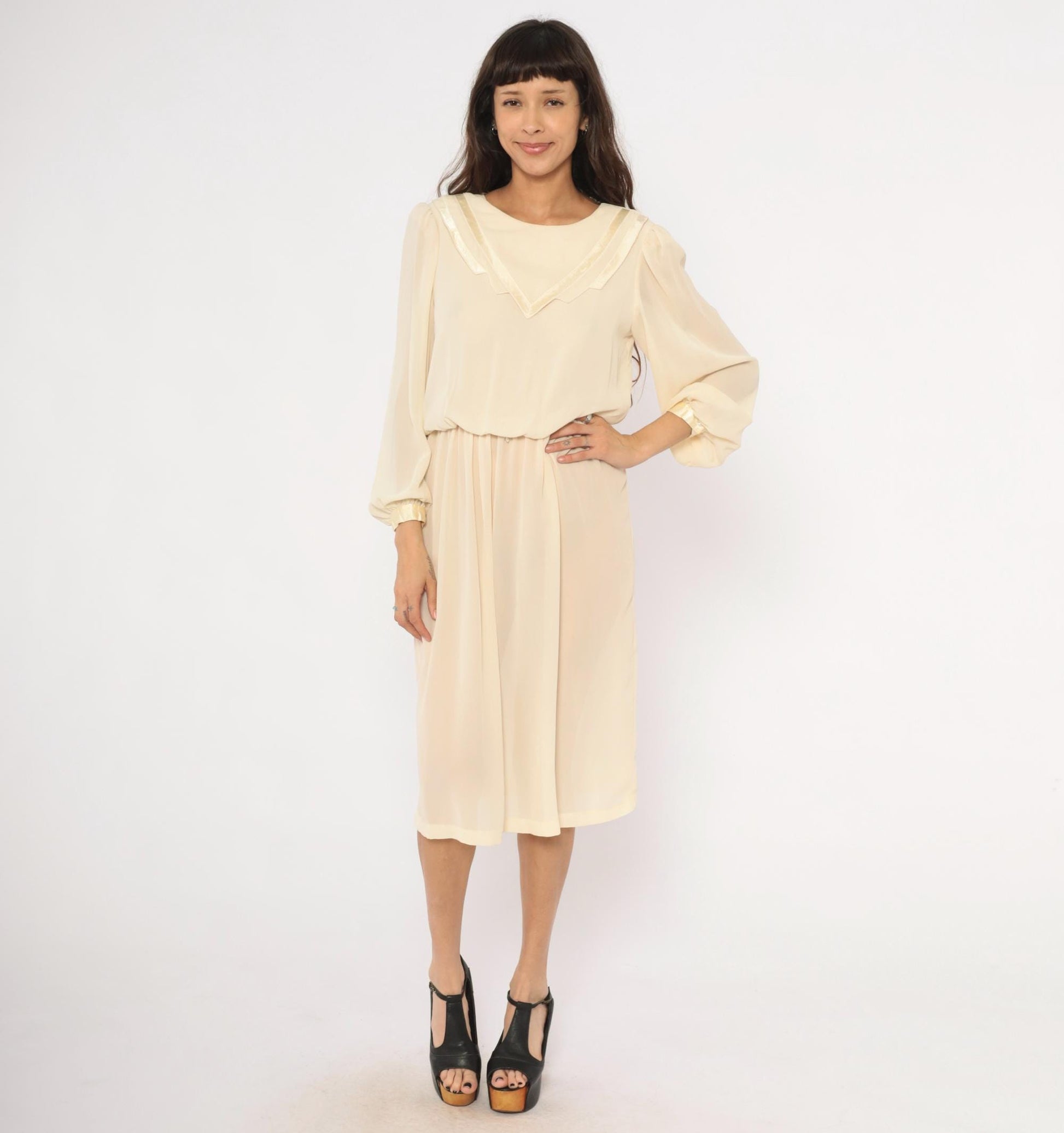 80s Street Scene Cream Chiffon Dress Bishop Sleeve V-Trim Knee-Length Small S