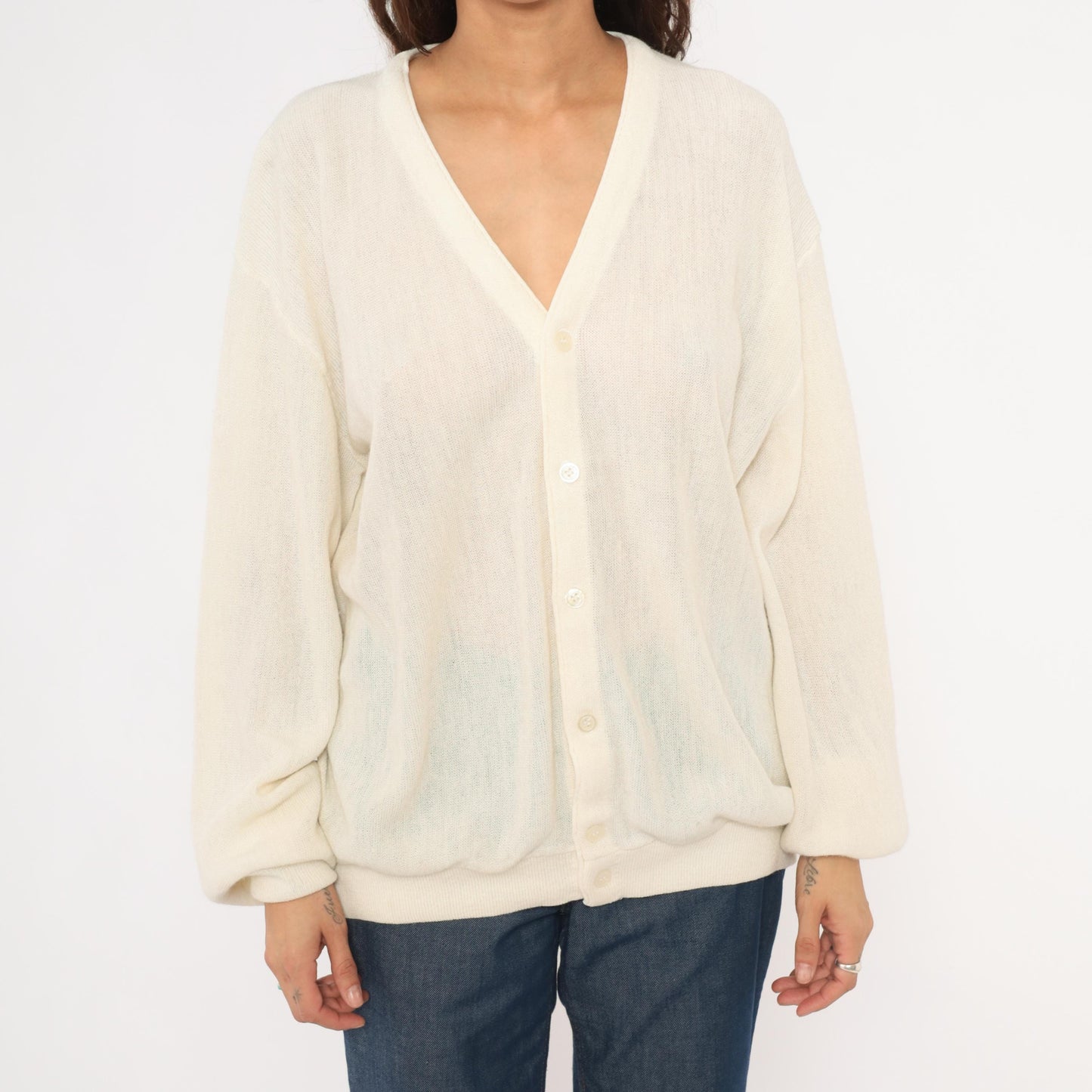 80s Jantzen Ivory Sheer Knit Cardigan V-Neck Button-Up Cream Large L