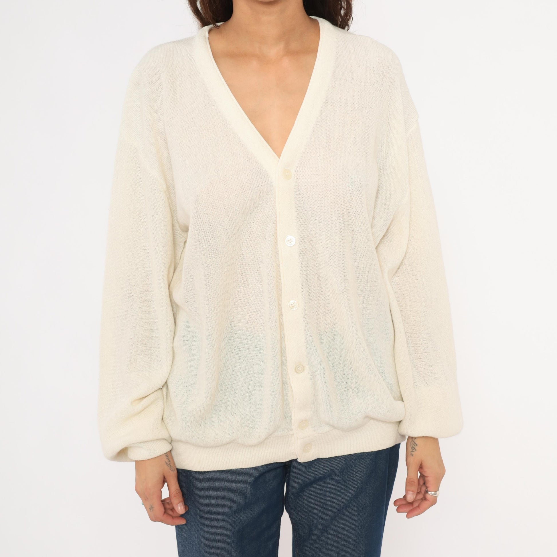 80s Jantzen Ivory Sheer Knit Cardigan V-Neck Button-Up Cream Large L