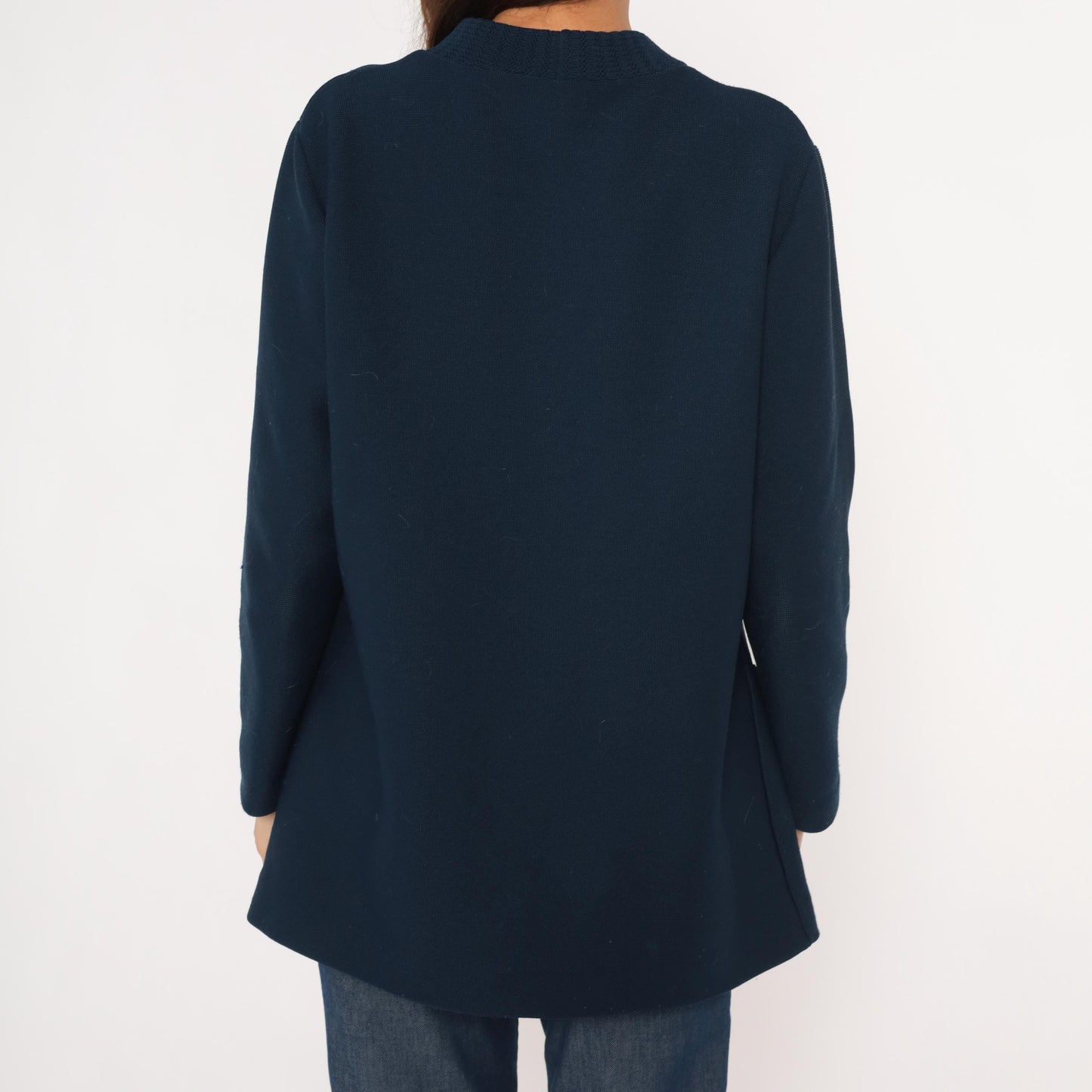 70s Navy Button Front Cardigan V Neck Knit Sweater Patch Pocket Large L