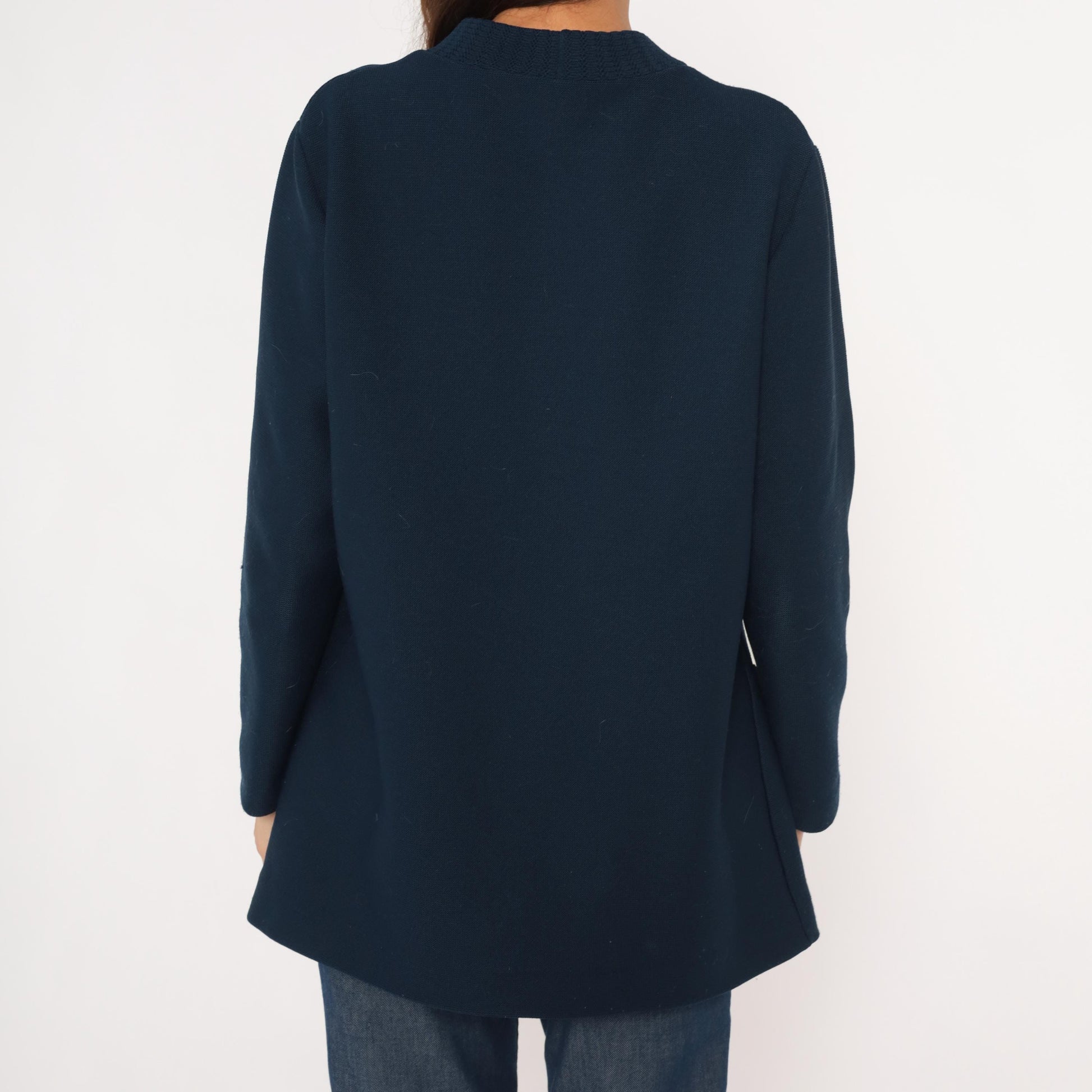 70s Navy Button Front Cardigan V Neck Knit Sweater Patch Pocket Large L