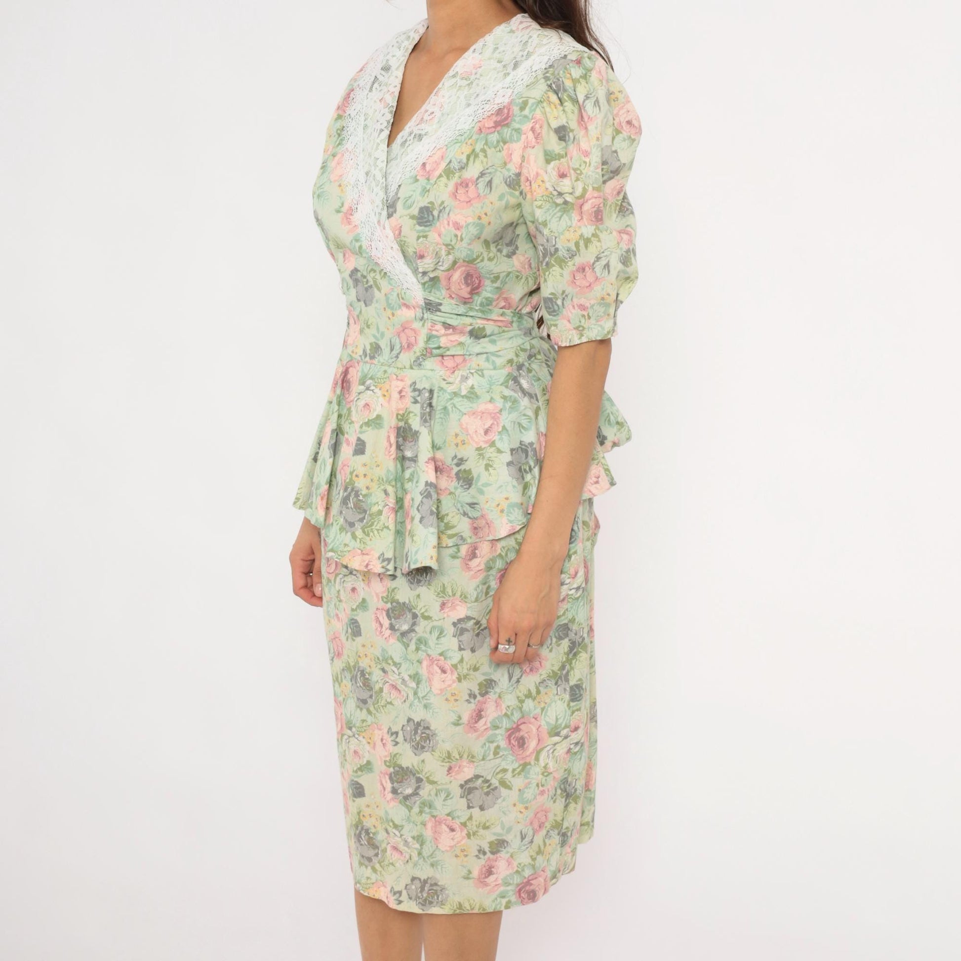 90s Sage Floral Peplum Dress Pink Rose Lace Collar Puff Sleeve Medium M