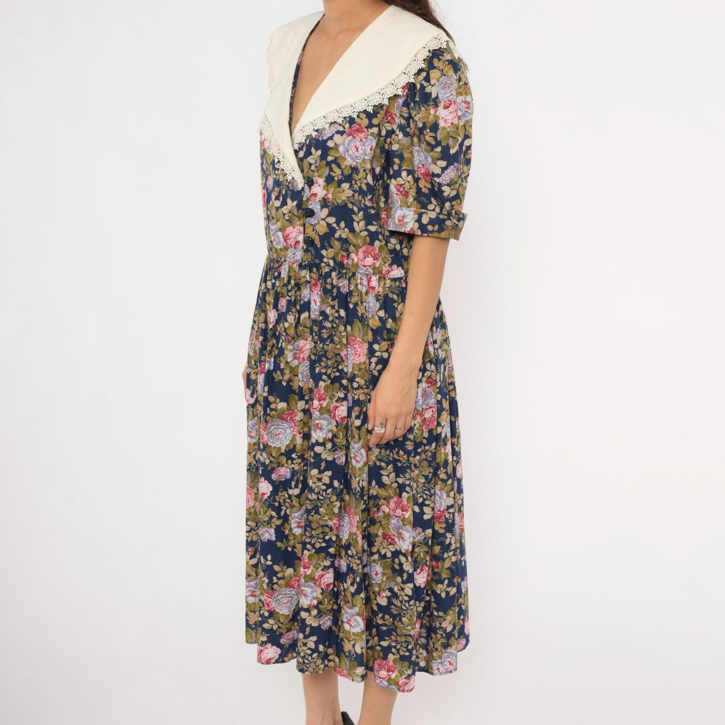 80s Tina Barri Floral Midi Dress Navy Rose Lace Collar Short Sleeve Extra Large