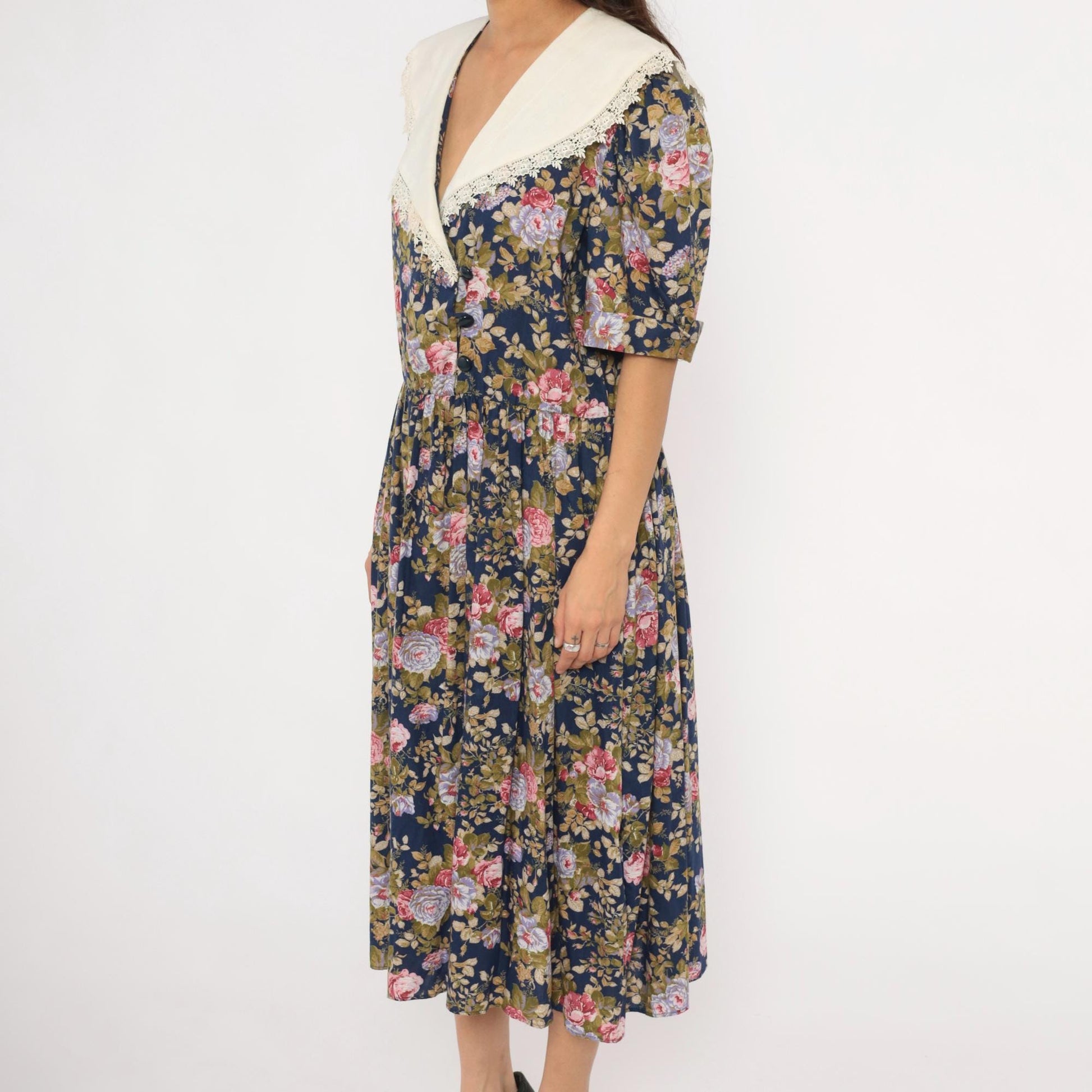 80s Tina Barri Floral Midi Dress Navy Rose Lace Collar Short Sleeve Extra Large