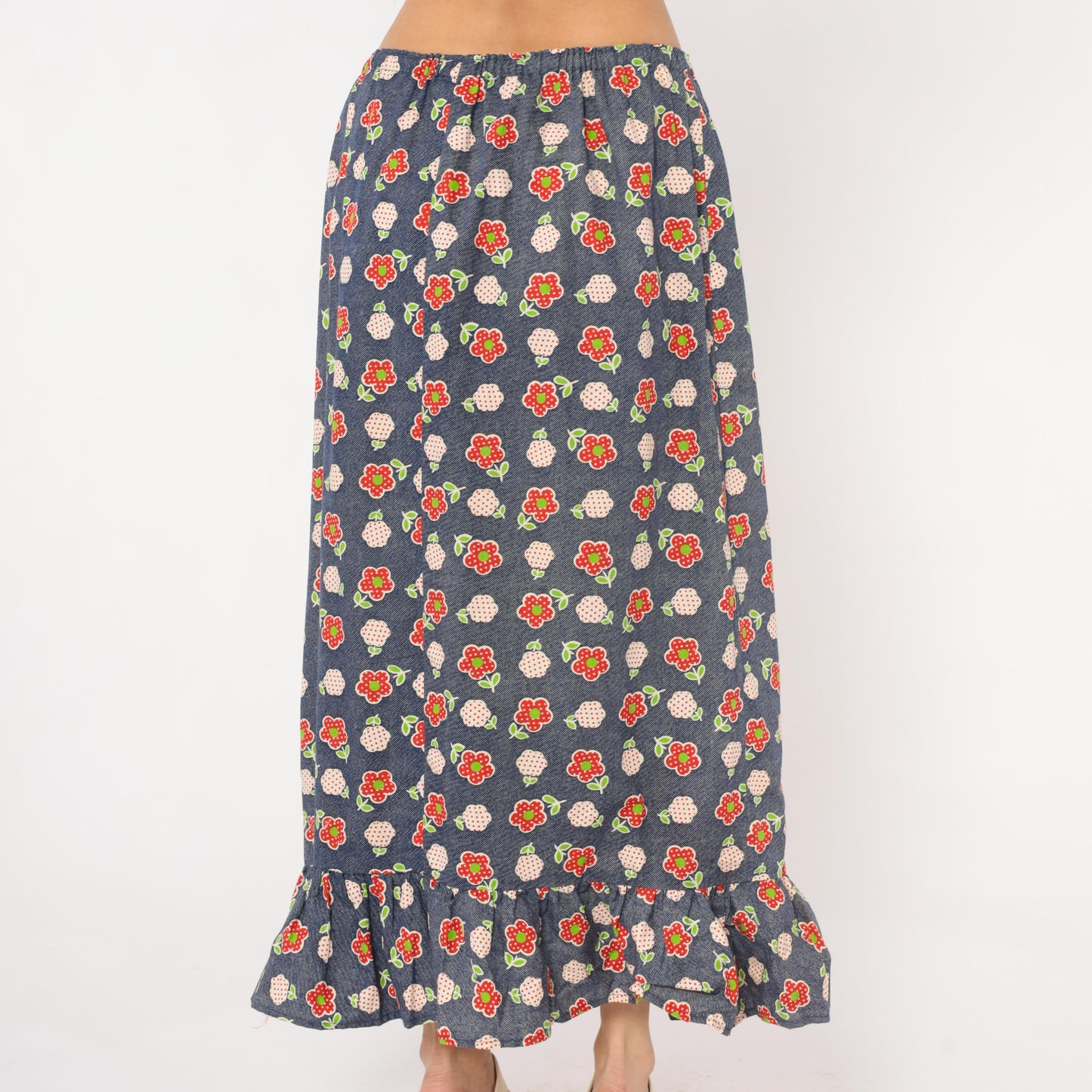 70s Navy Floral Maxi Skirt Strawberry Print Cotton Ruffle Hem Large L