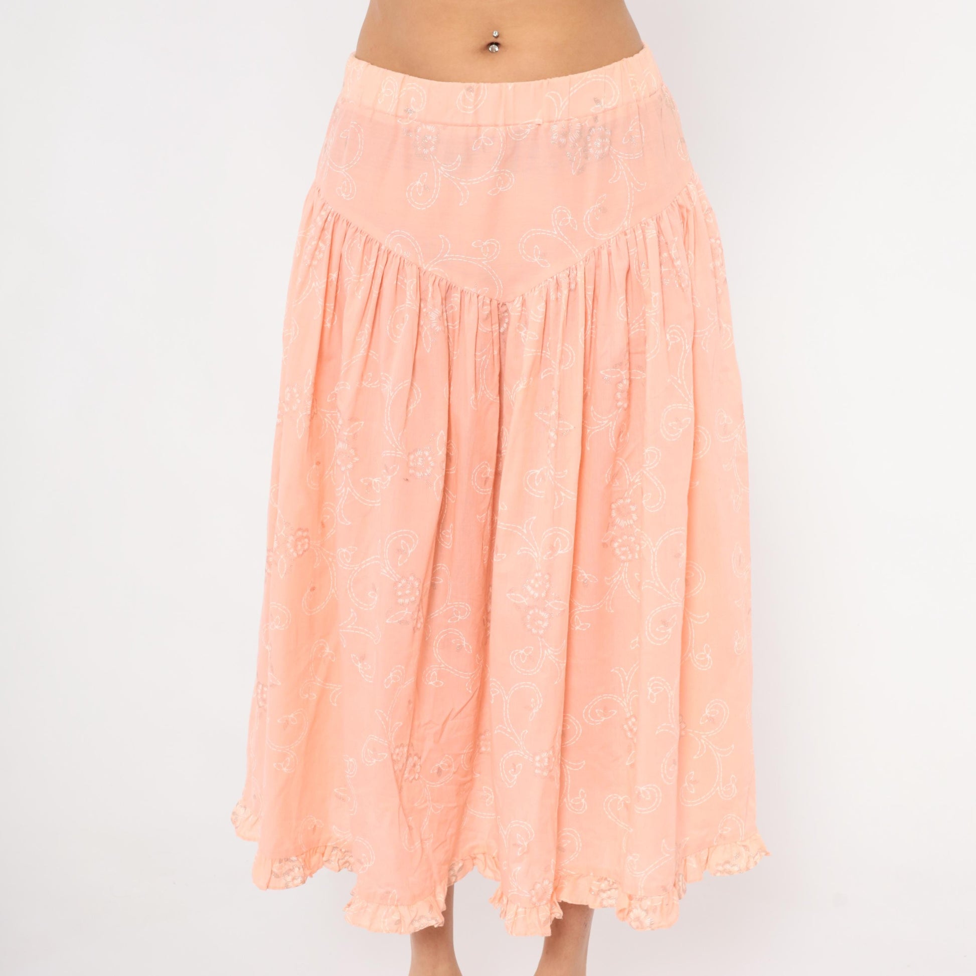 90s California Connection Peach Floral Midi Skirt Ruffled Hem Medium M