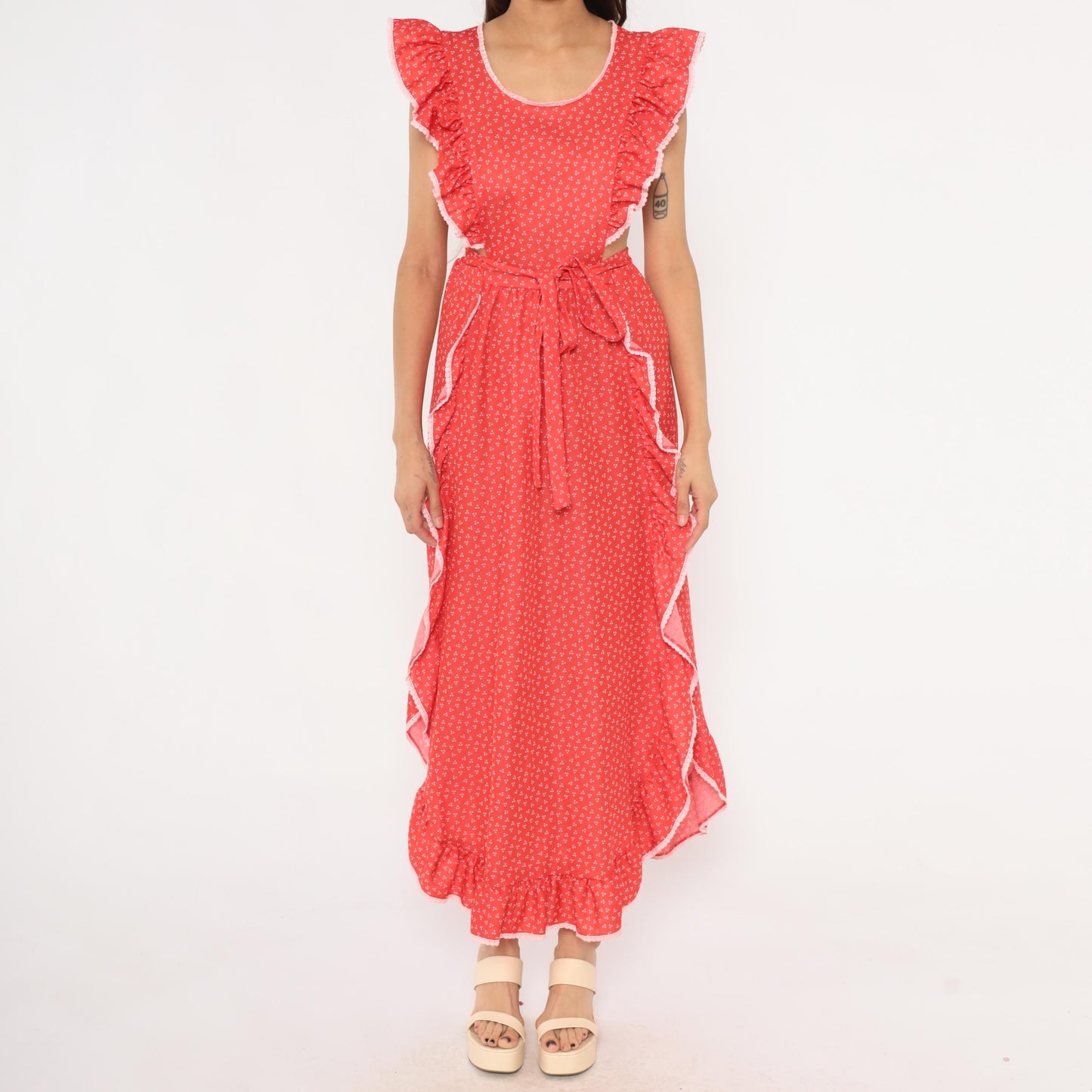 70s Gay Gibson Red Calico Maxi Dress Flutter Sleeve Lace Trim Small